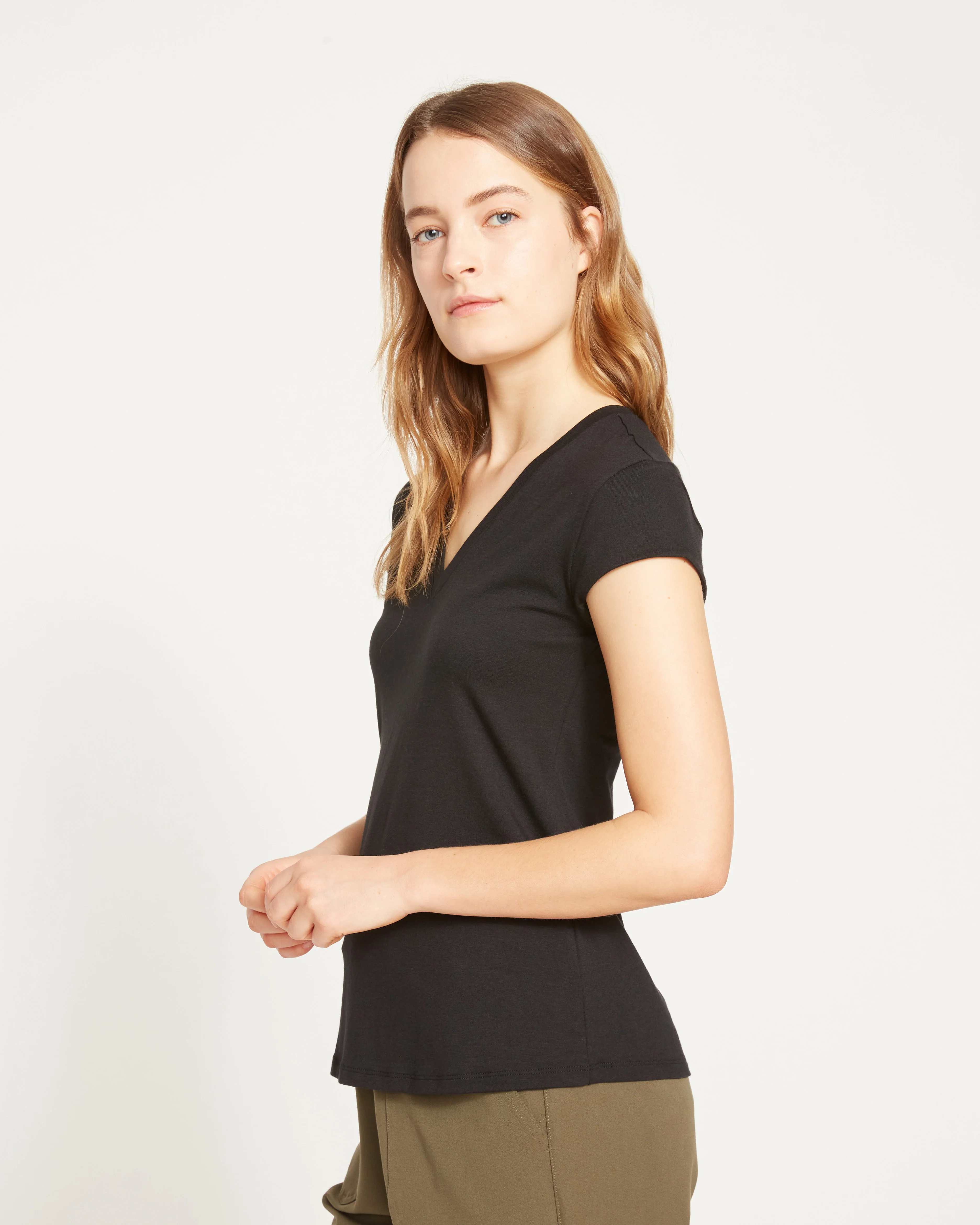 Ashley V Neck Cap Sleeve Tee - Black - Image 3