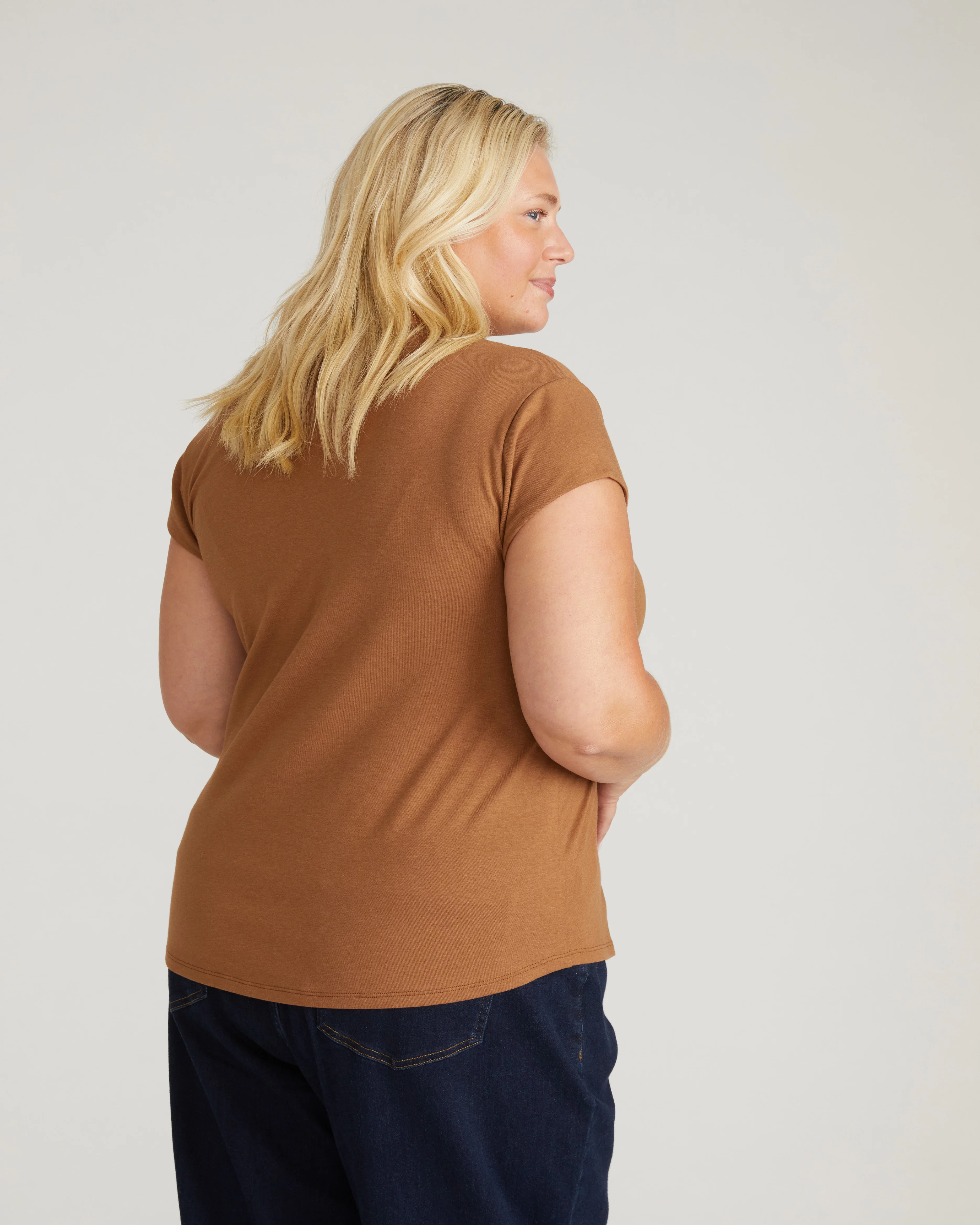 Ashley V Neck Cap Sleeve Tee - Classic Camel - Image 3
