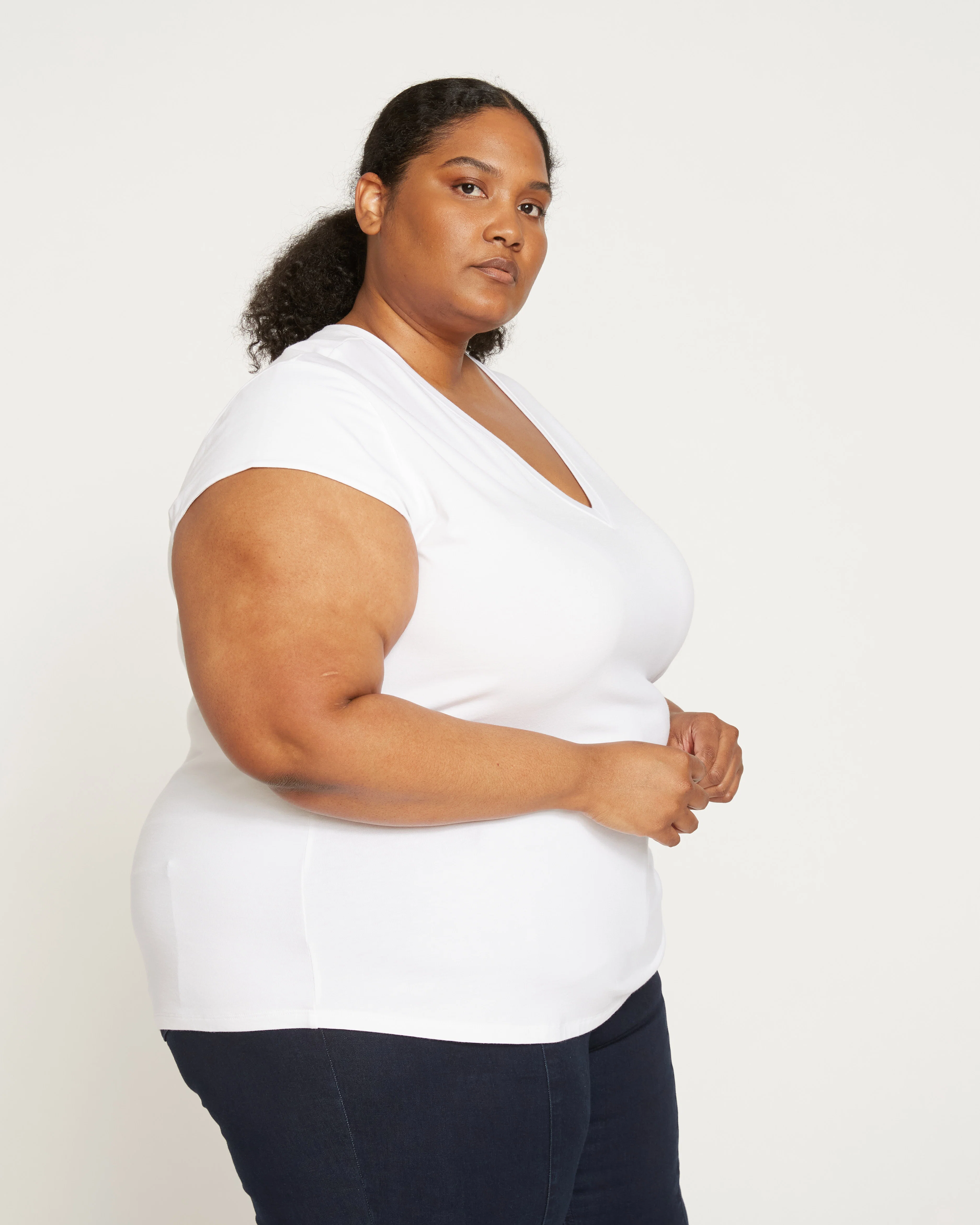 Ashley V Neck Cap Sleeve Tee - White - Image 4