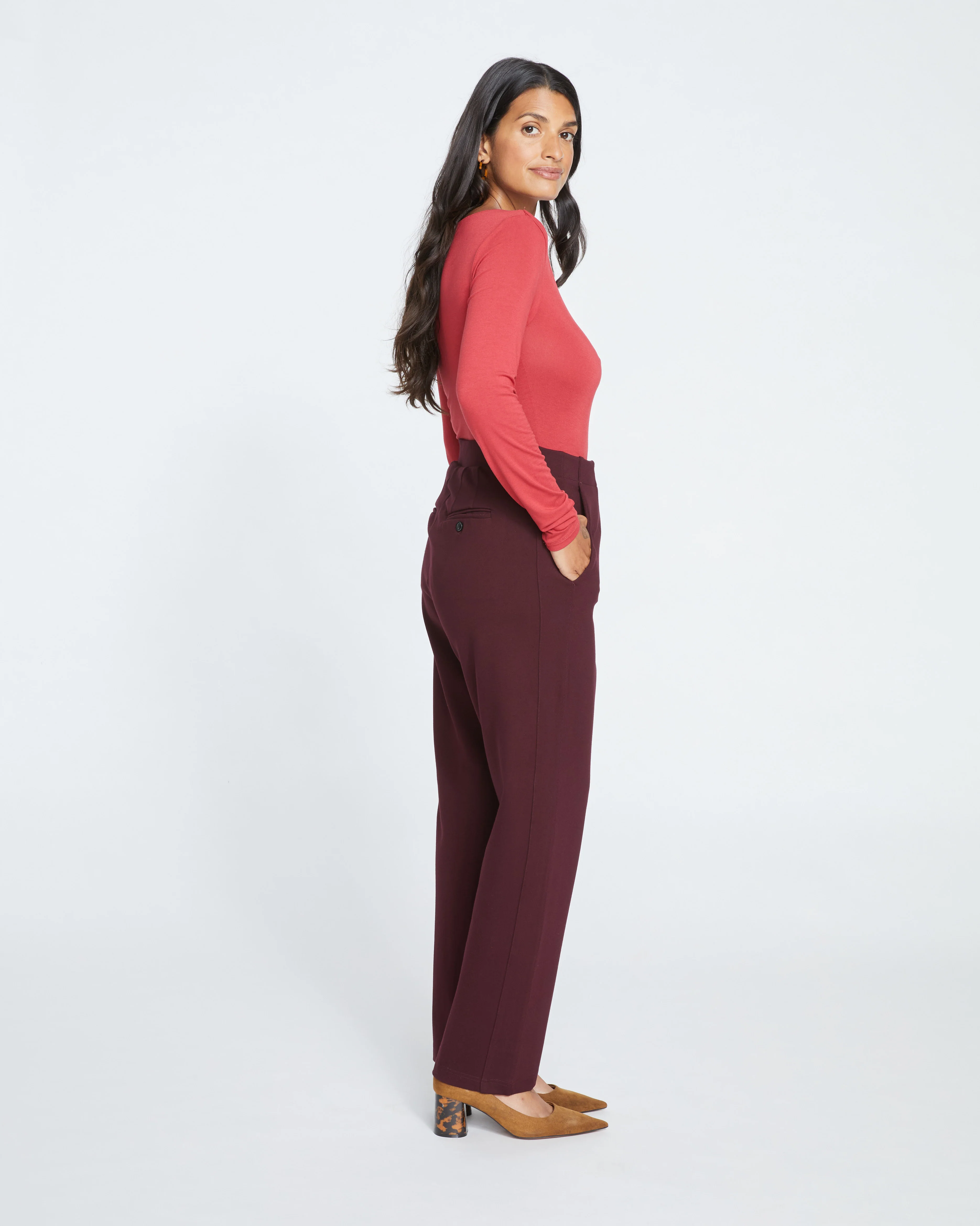 Audrey Tailored Ponte Pants - Black Cherry - Image 3