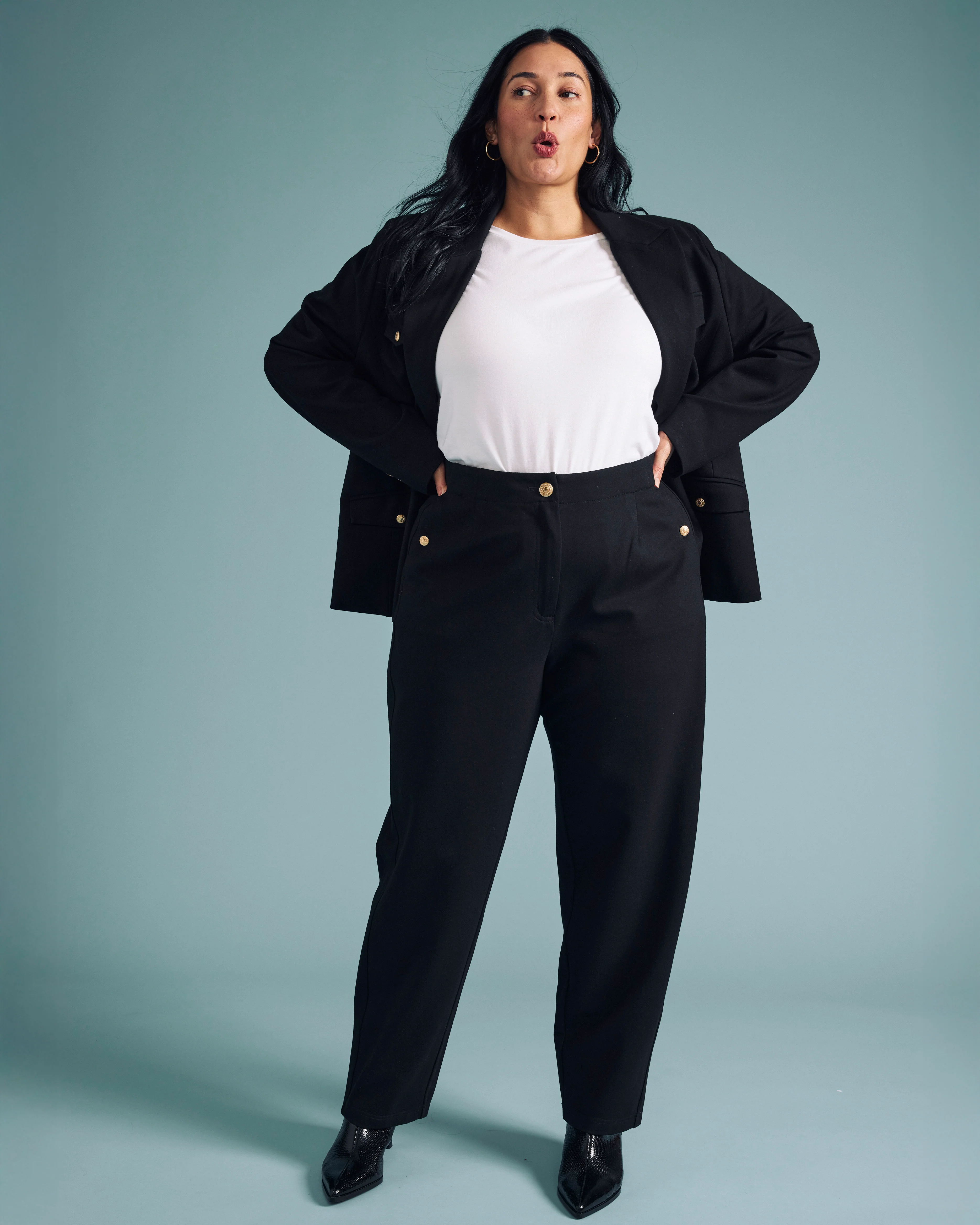 Audrey Tailored Ponte Pants - Black with Gold Buttons