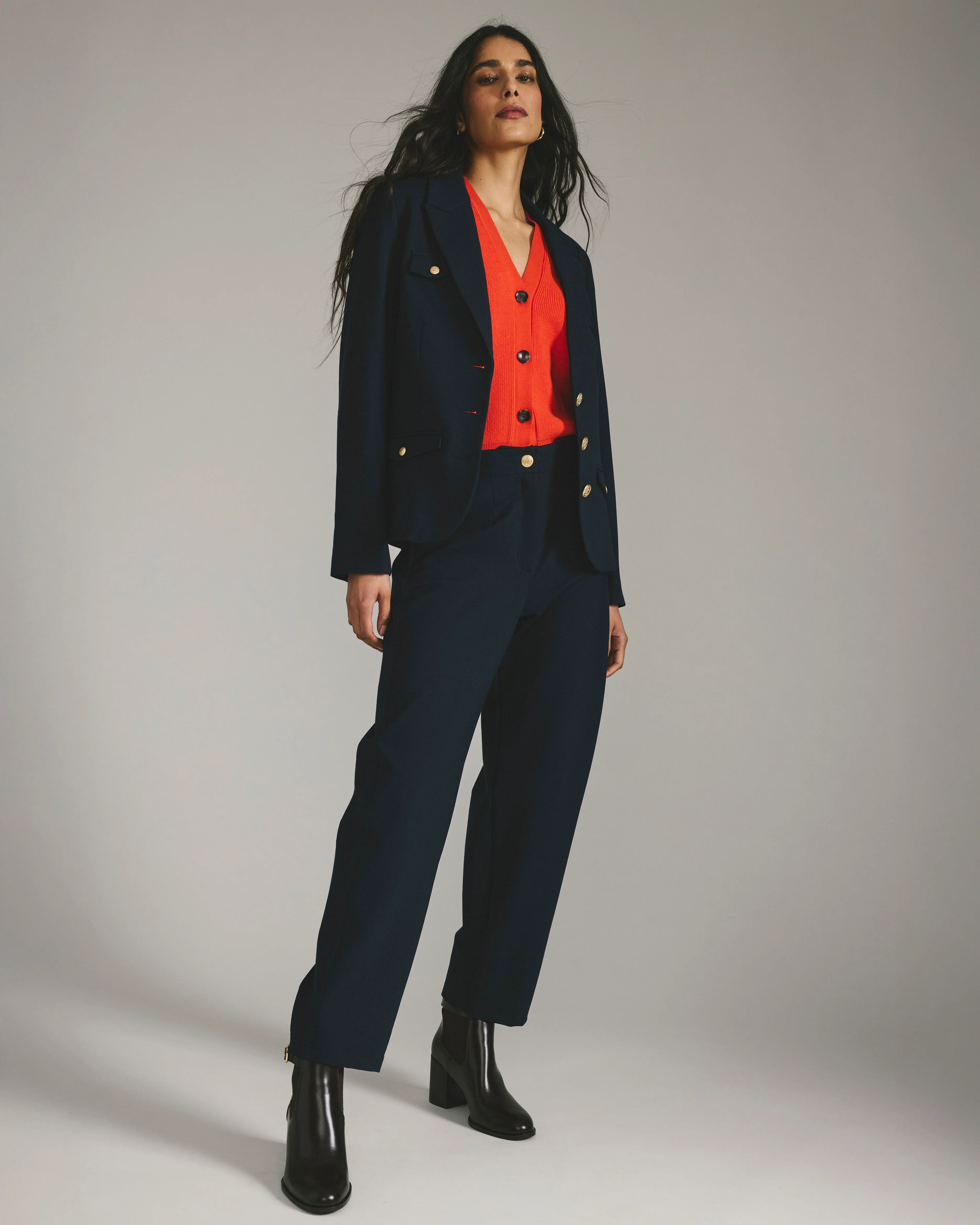 Audrey Tailored Ponte Pants - Navy with Gold Buttons - Image 2