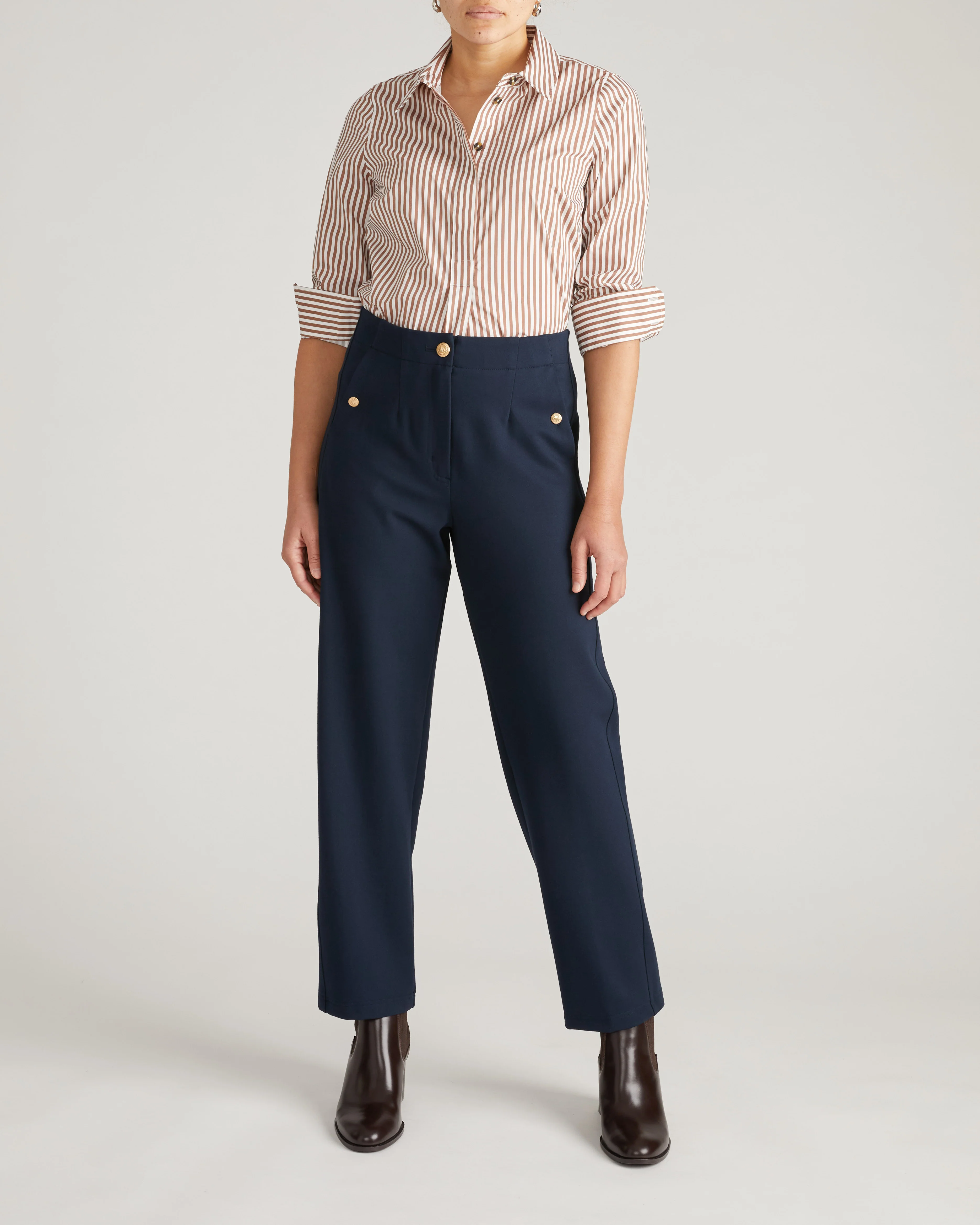 Audrey Tailored Ponte Pants - Navy with Gold Buttons - Image 4