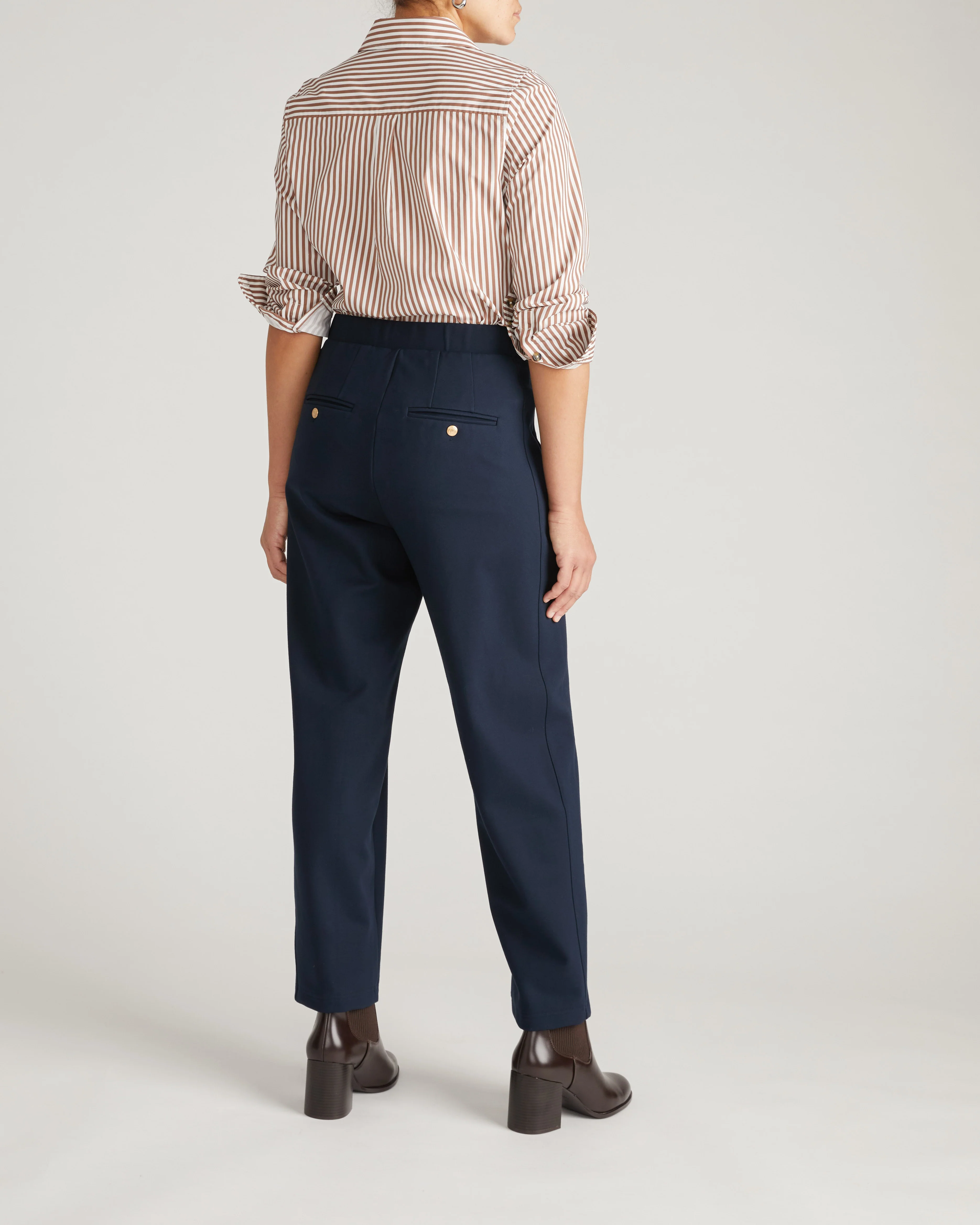 Audrey Tailored Ponte Pants - Navy with Gold Buttons - Image 6