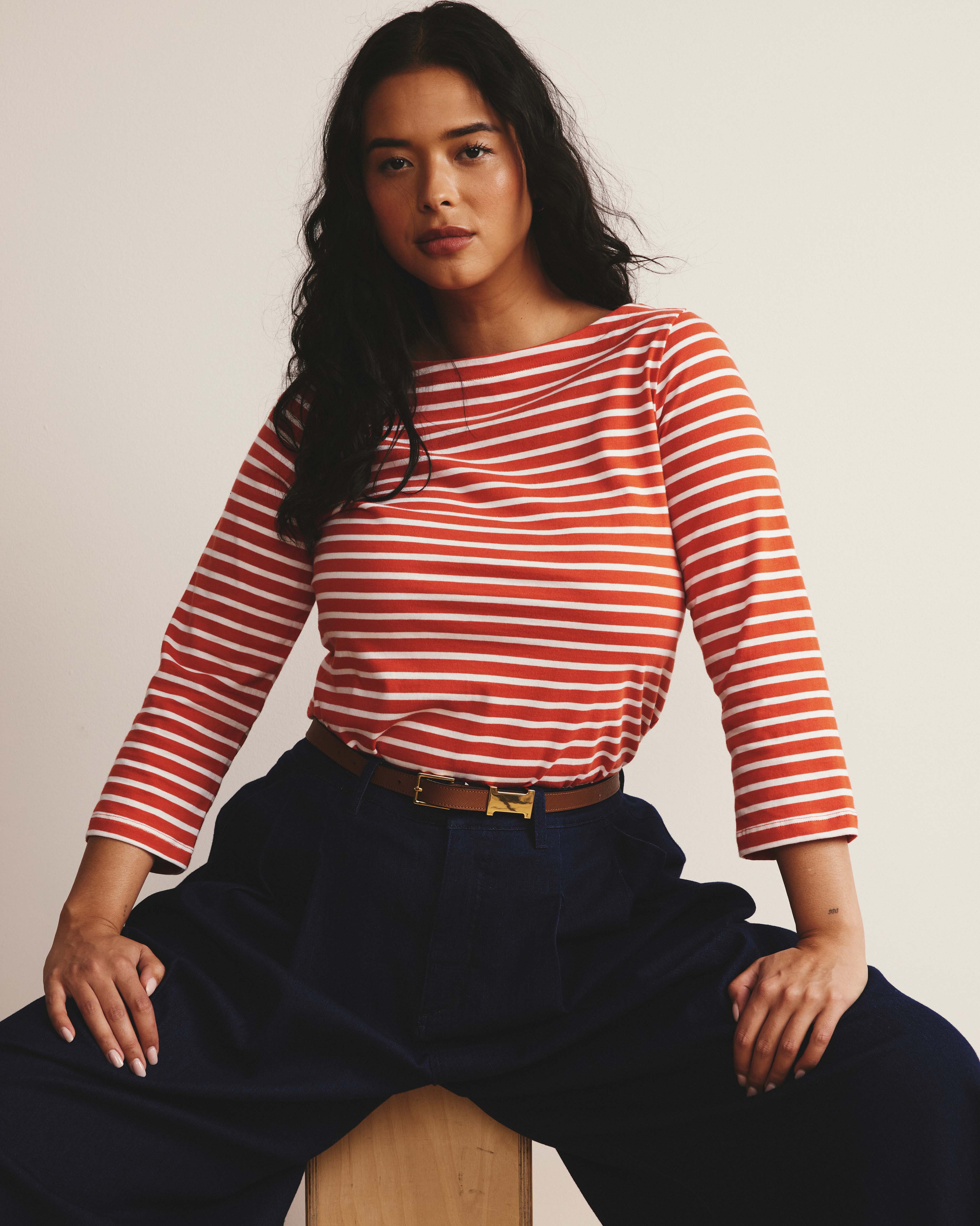 Belle Breton Stripe Jersey Tee - Coral Reef/White Stripe - Image 2