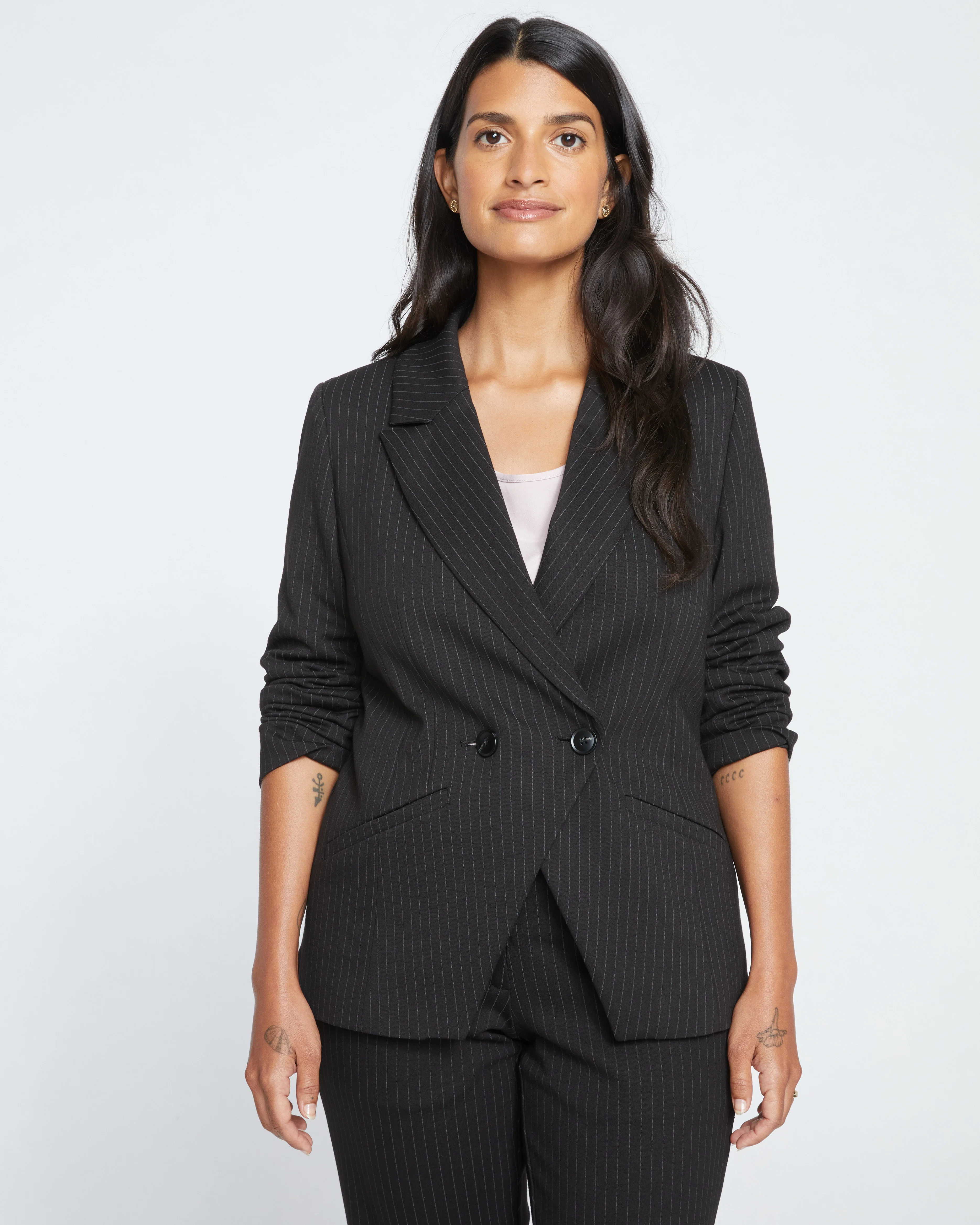 Bianca Double Breasted Ponte Blazer - Slate Pinstripe - Image 2