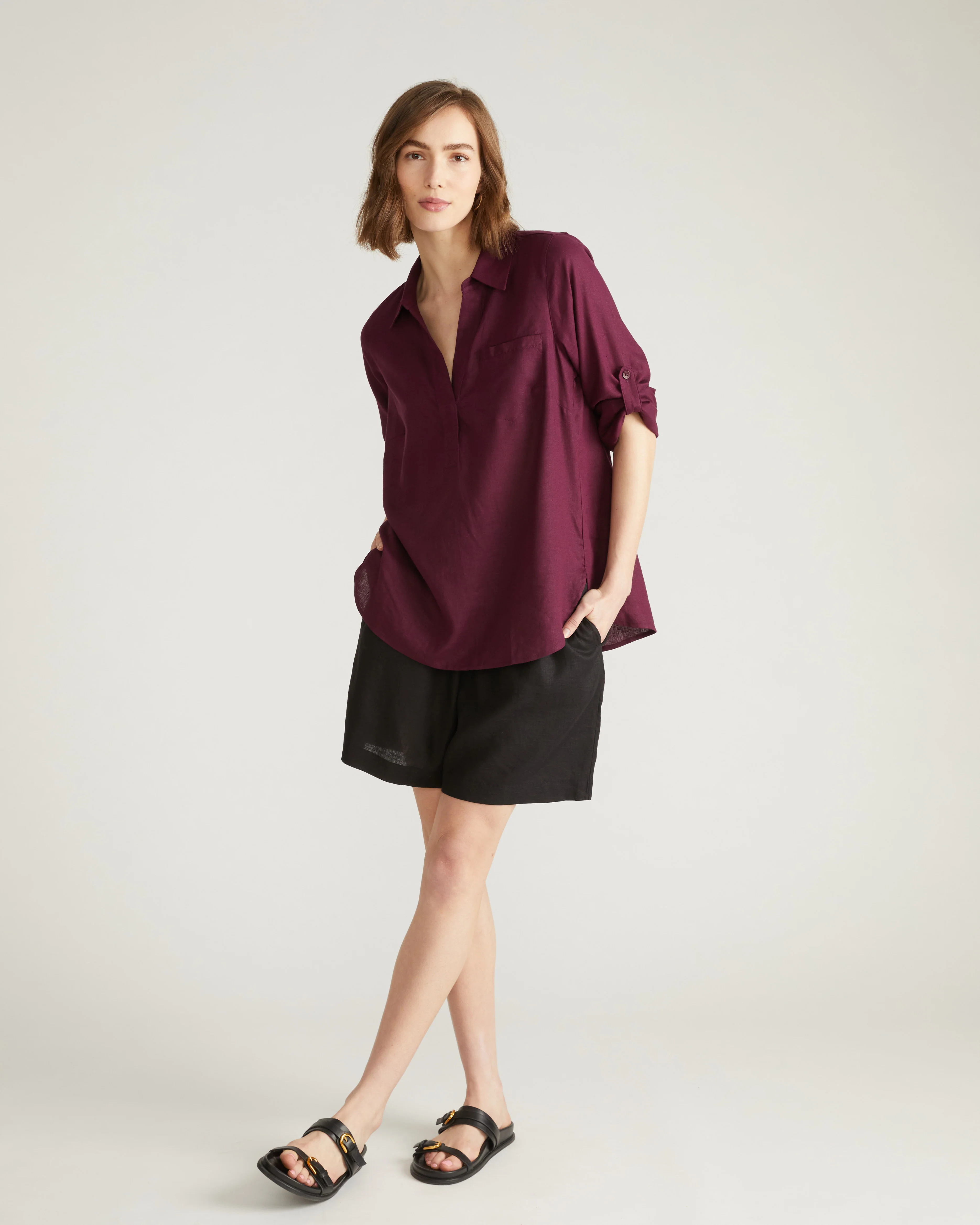 Button Back Linen Polo Shirt - Acai - Image 2