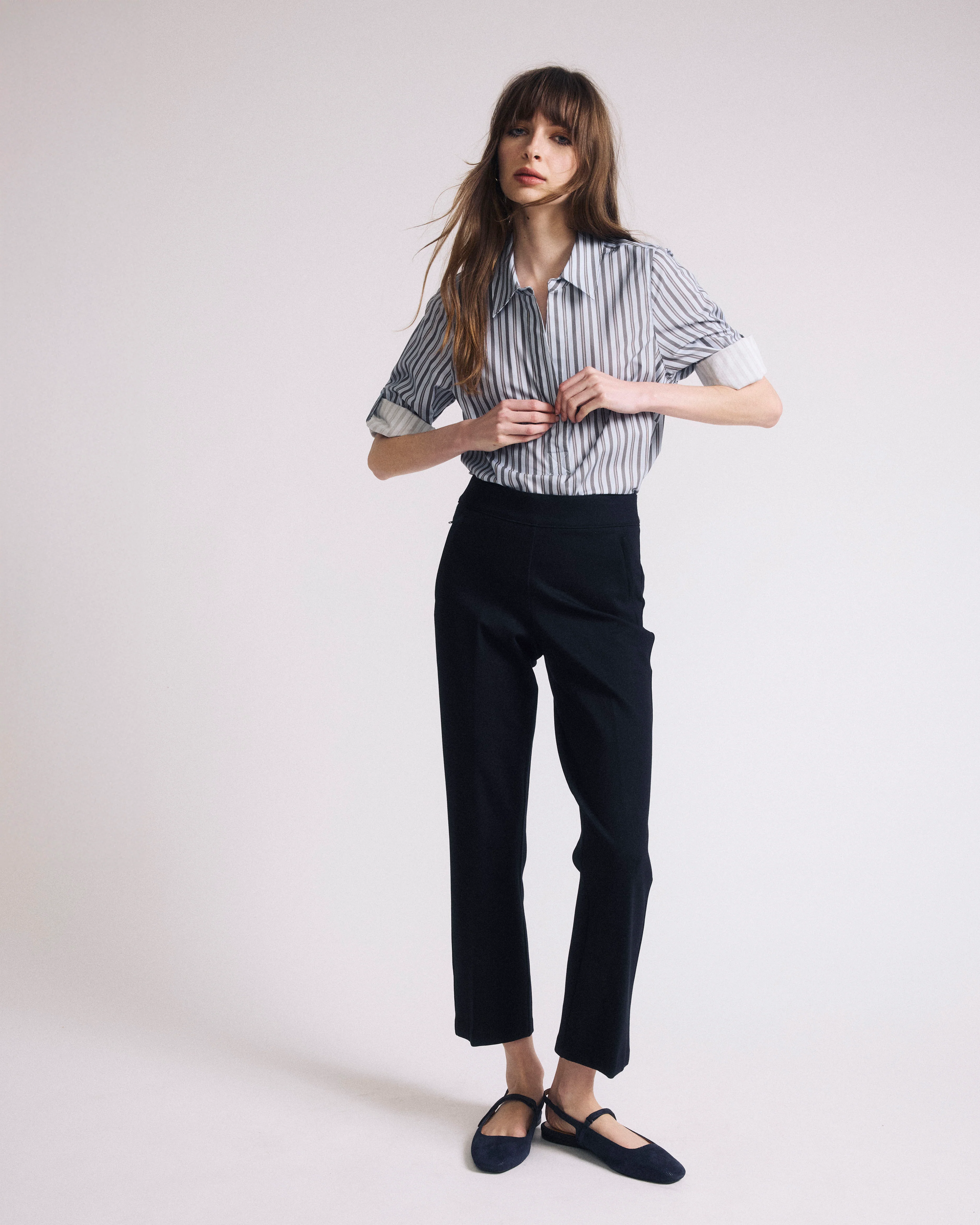 Button Back Poplin Polo Shirt - Smokey Blue Stripe
