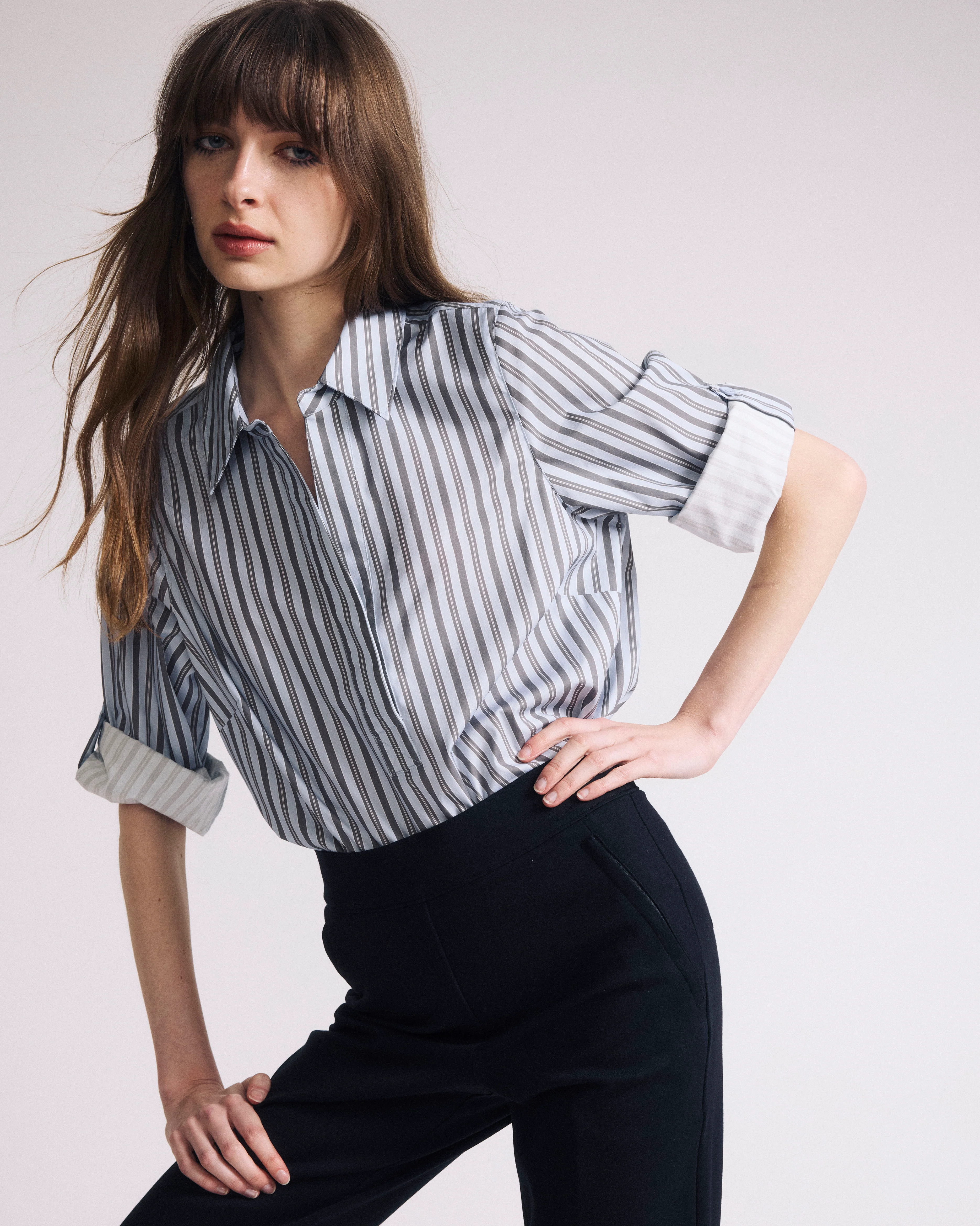 Button Back Poplin Polo Shirt - Smokey Blue Stripe - Image 3