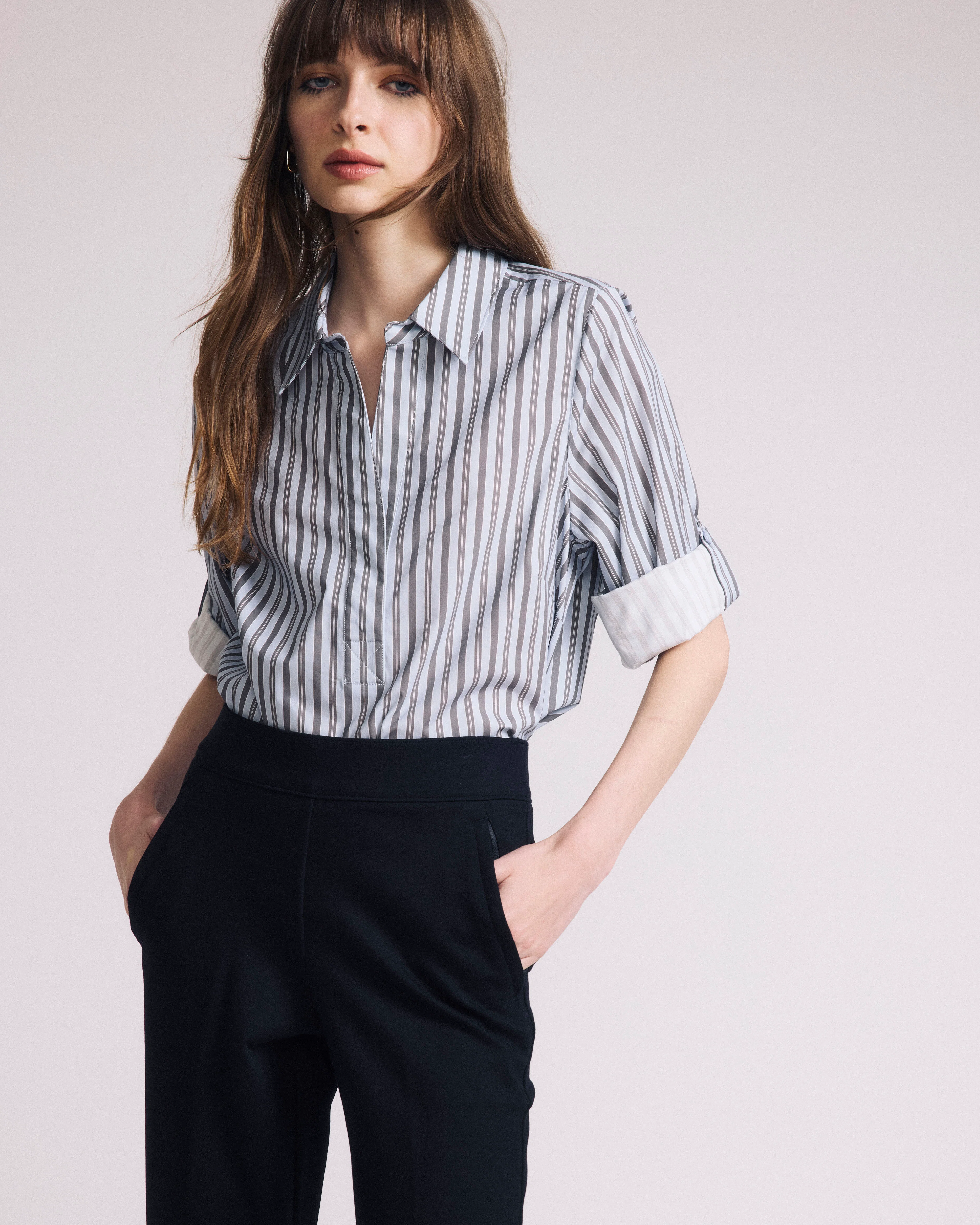 Button Back Poplin Polo Shirt - Smokey Blue Stripe - Image 4