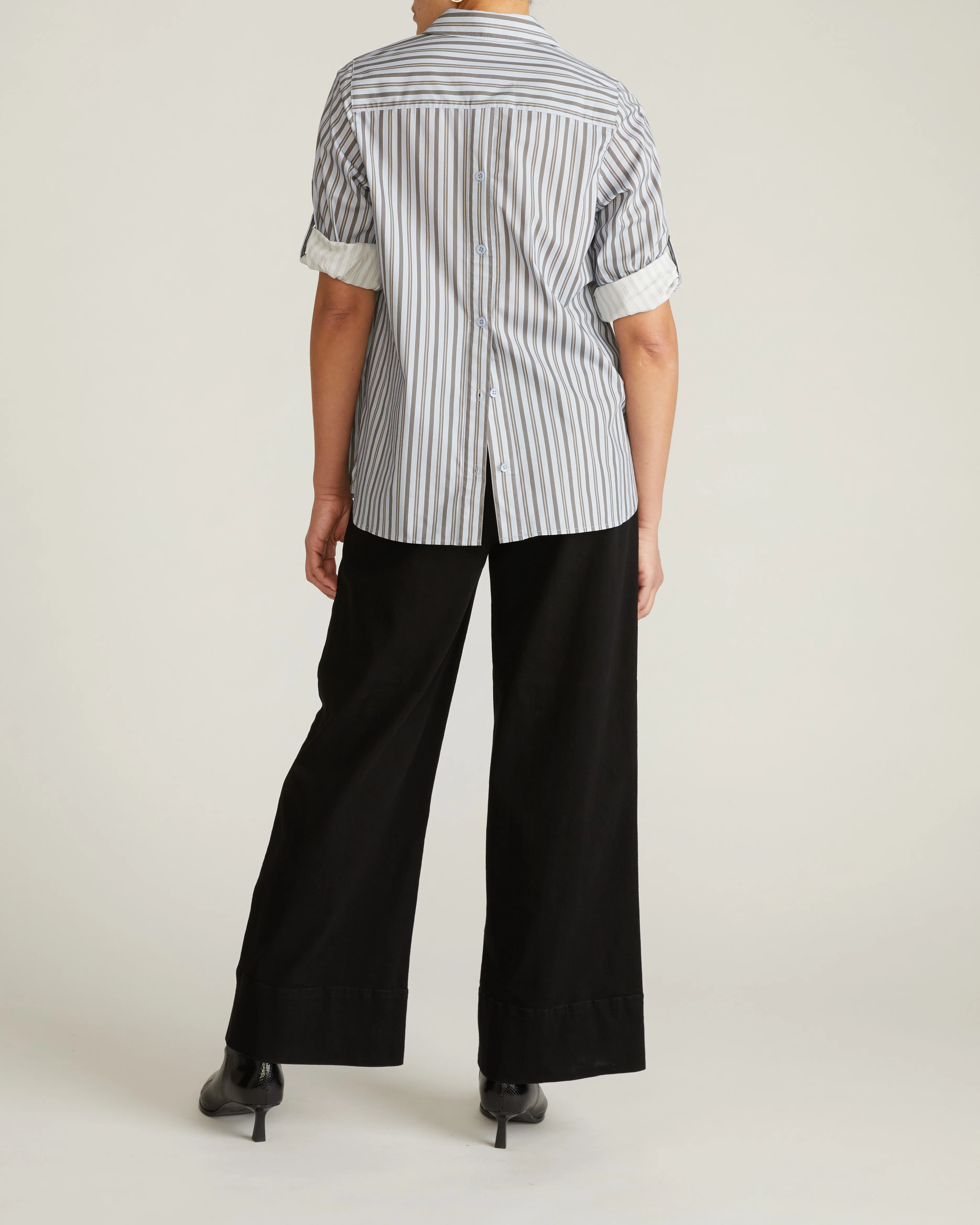 Button Back Poplin Polo Shirt - Smokey Blue Stripe - Image 8