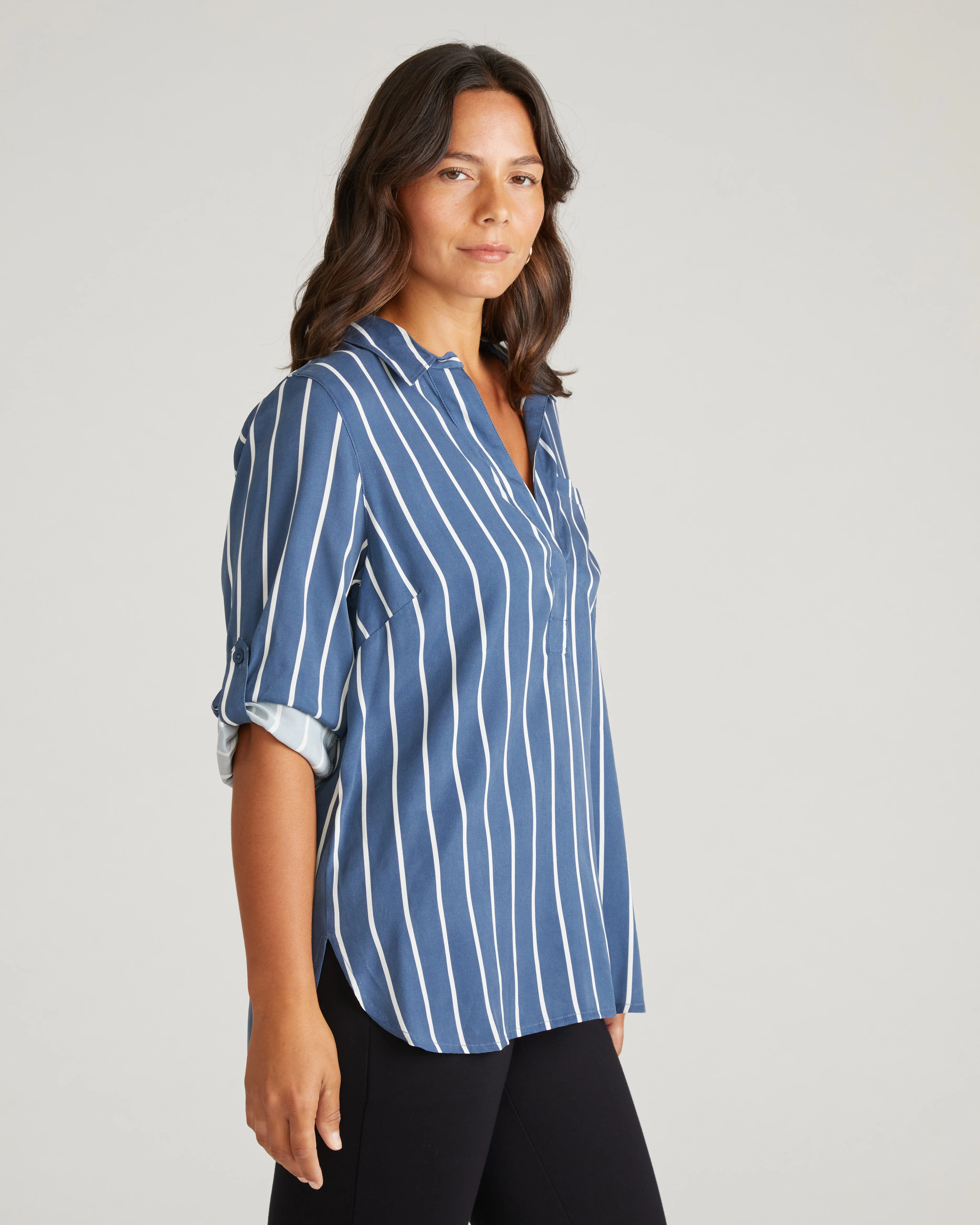 Button Back Stretch Cupro Polo Shirt - Ensign Blue/White Stripe - Image 6