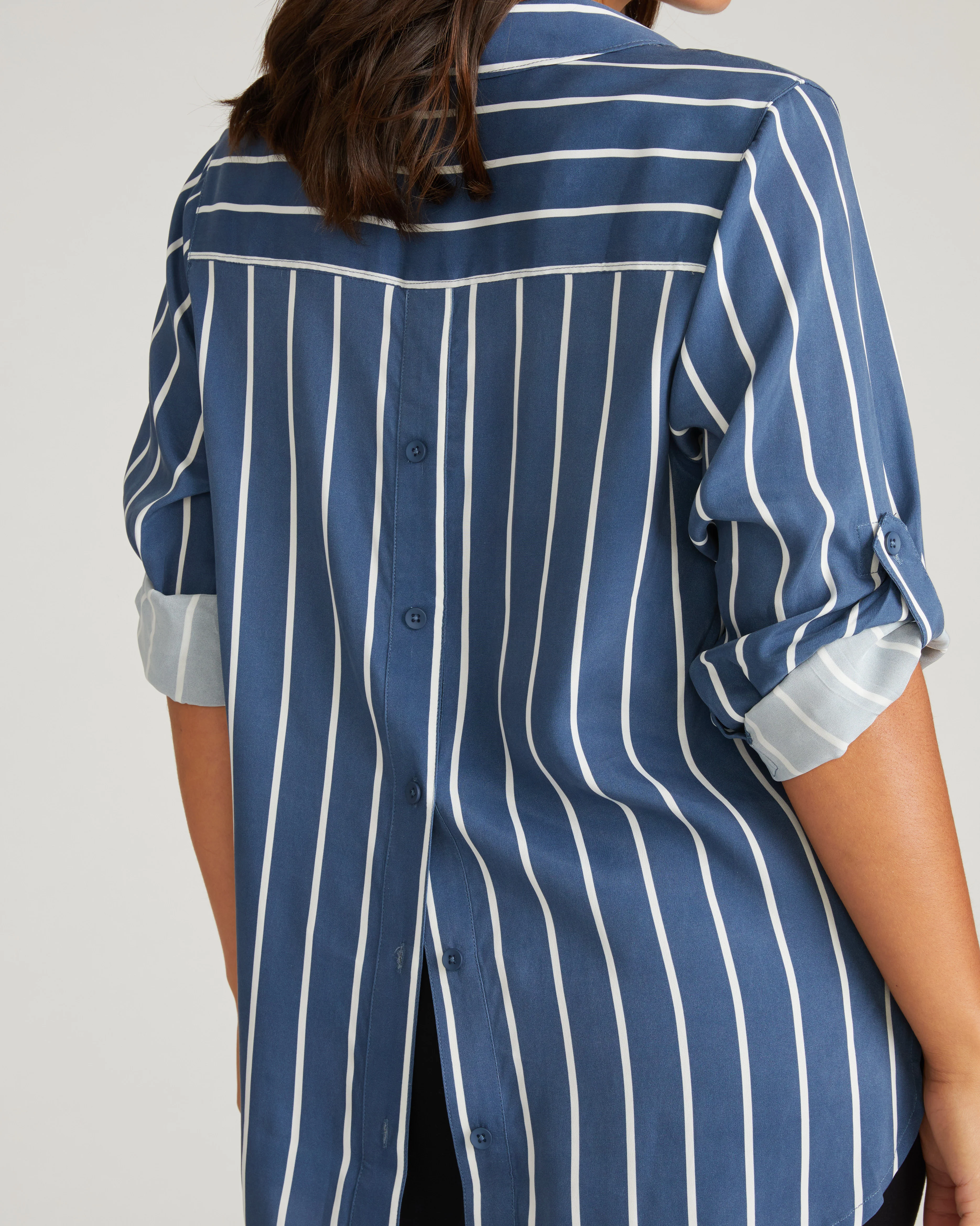 Button Back Stretch Cupro Polo Shirt - Ensign Blue/White Stripe - Image 7
