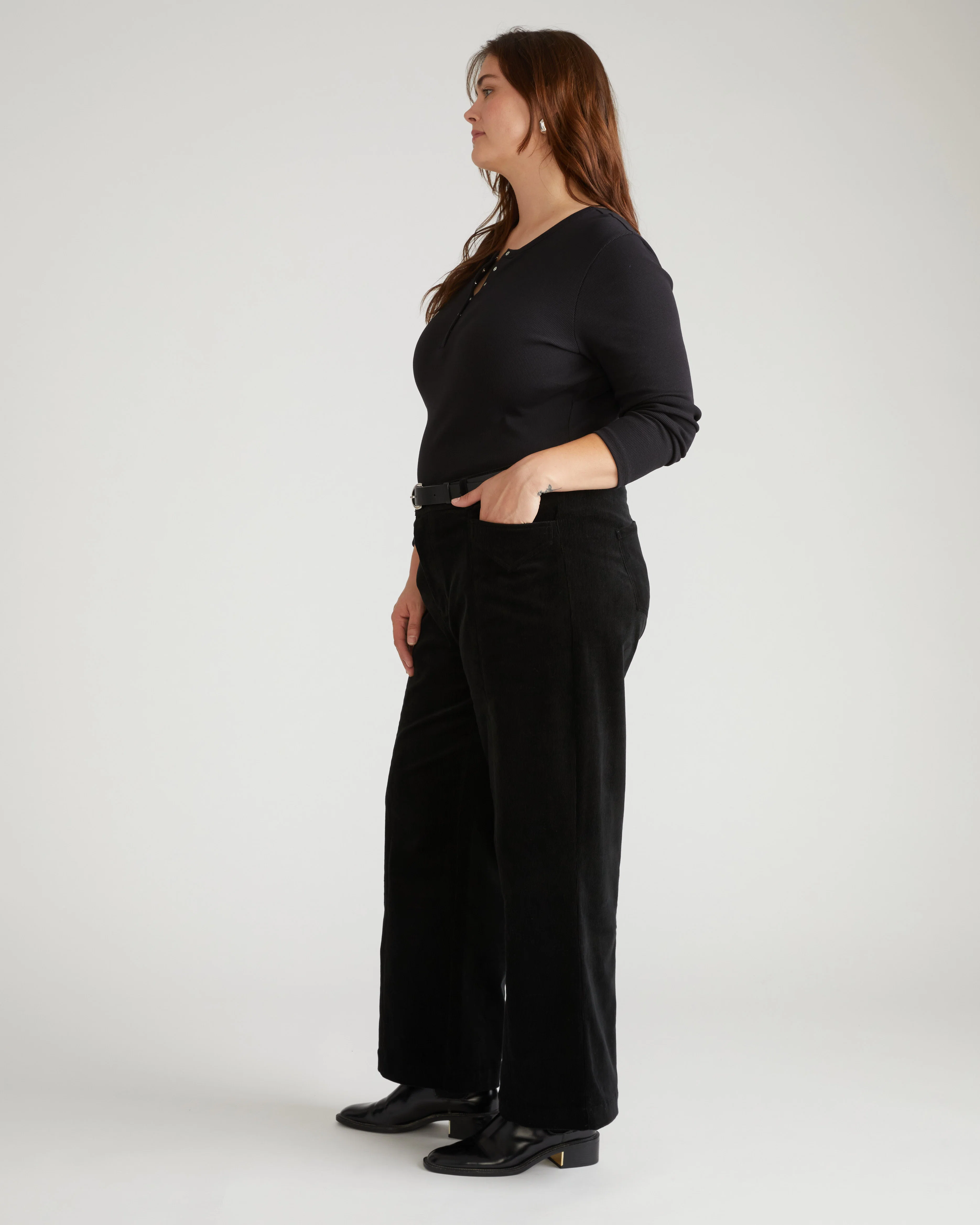 Camila Wide Leg Corduroy Pants - Black - Image 4