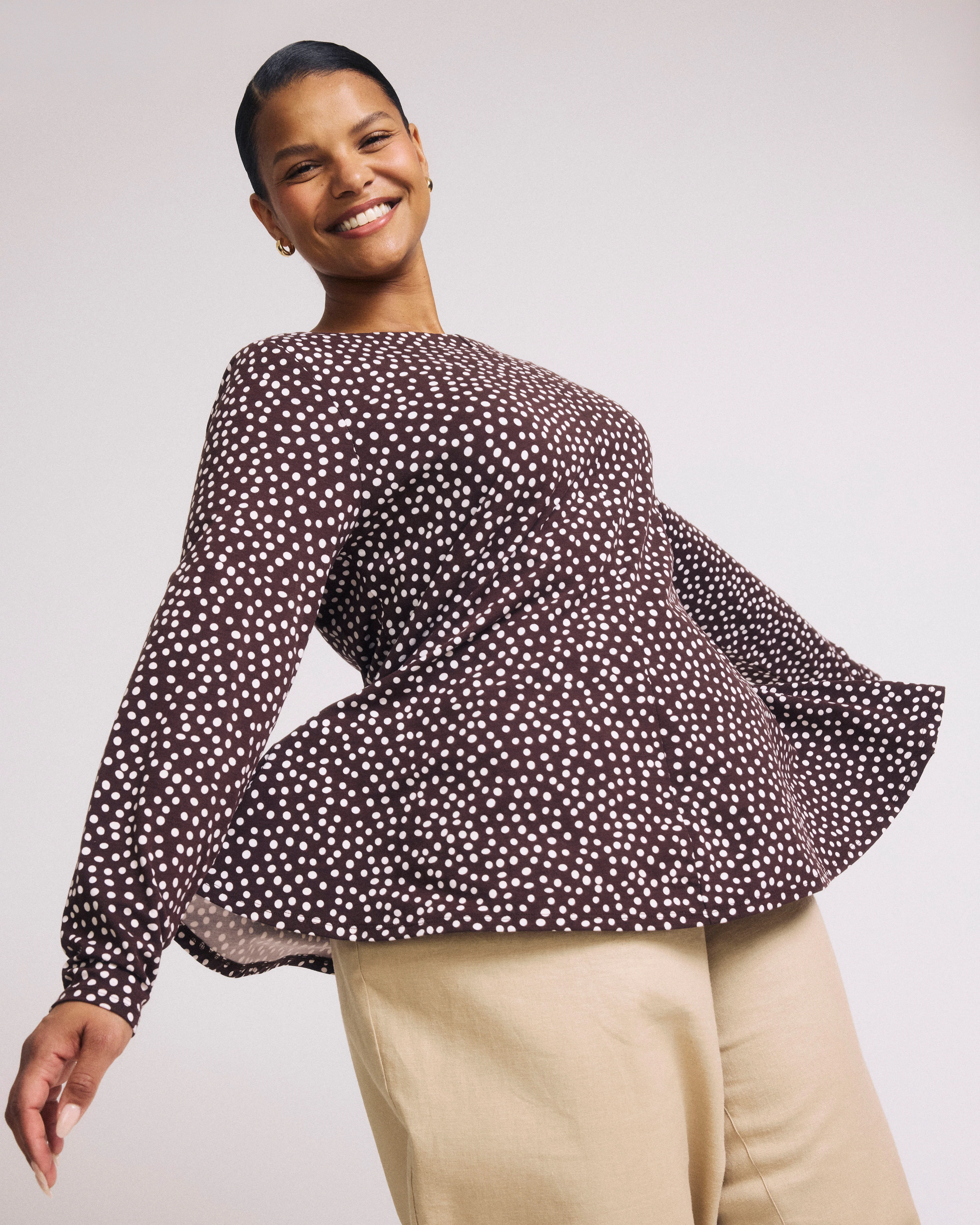 Cassandra Divine Jersey Top - Brown/White Dot Print