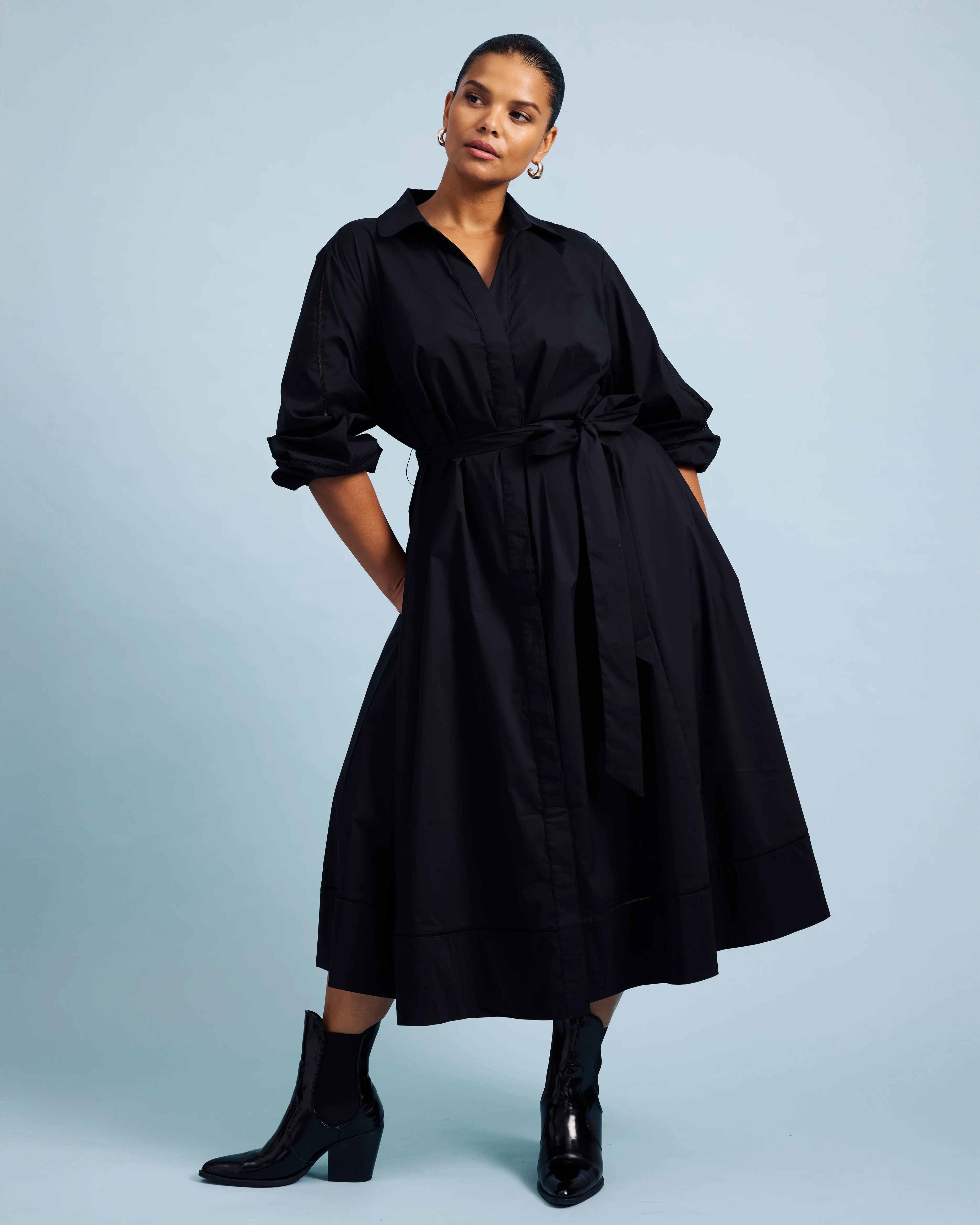 Claire Stretch Poplin Shirtdress - Black - Image 3
