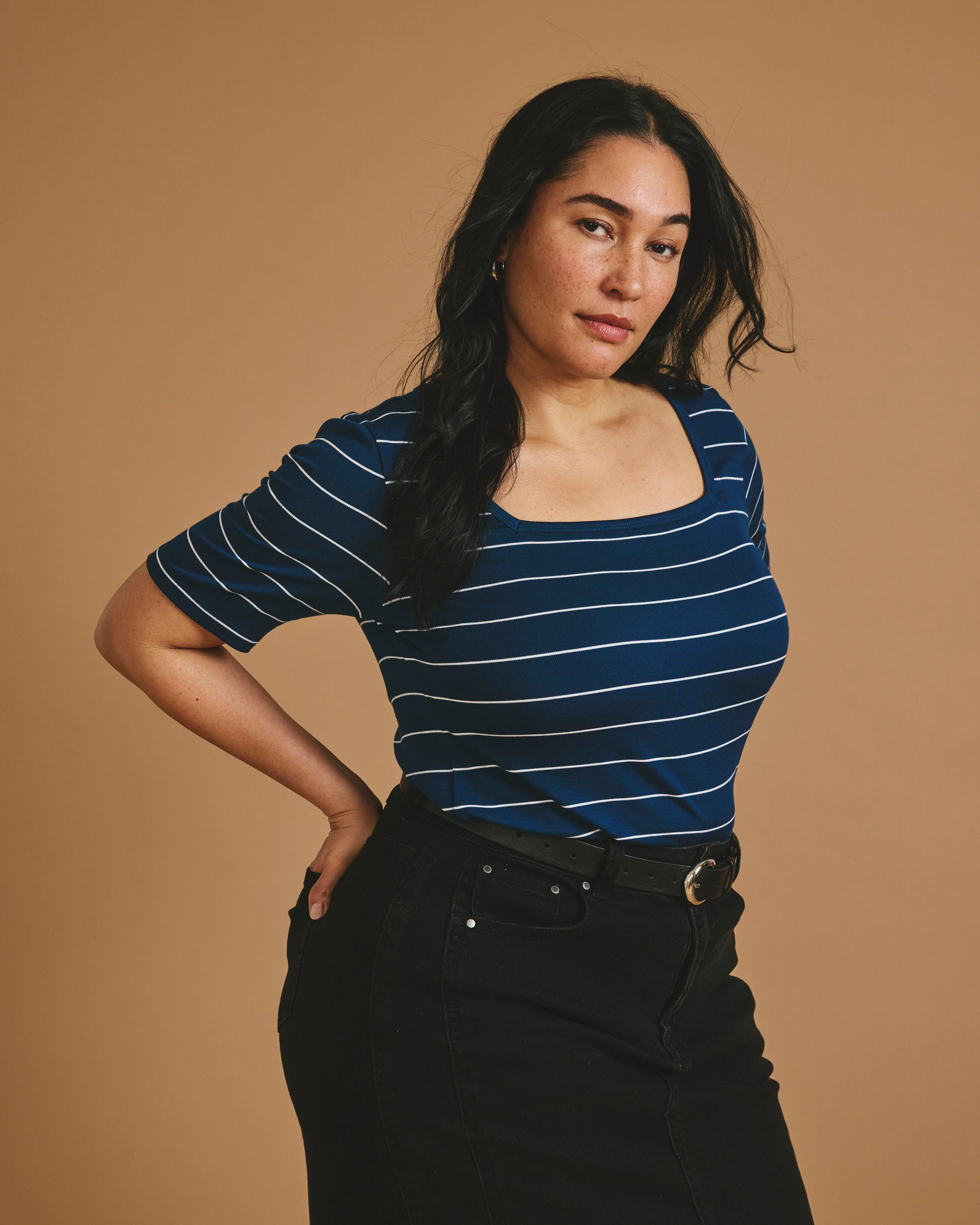 Cloud Rib Short Sleeve Square Neck Tee - Teal/White Microstripe - Image 3