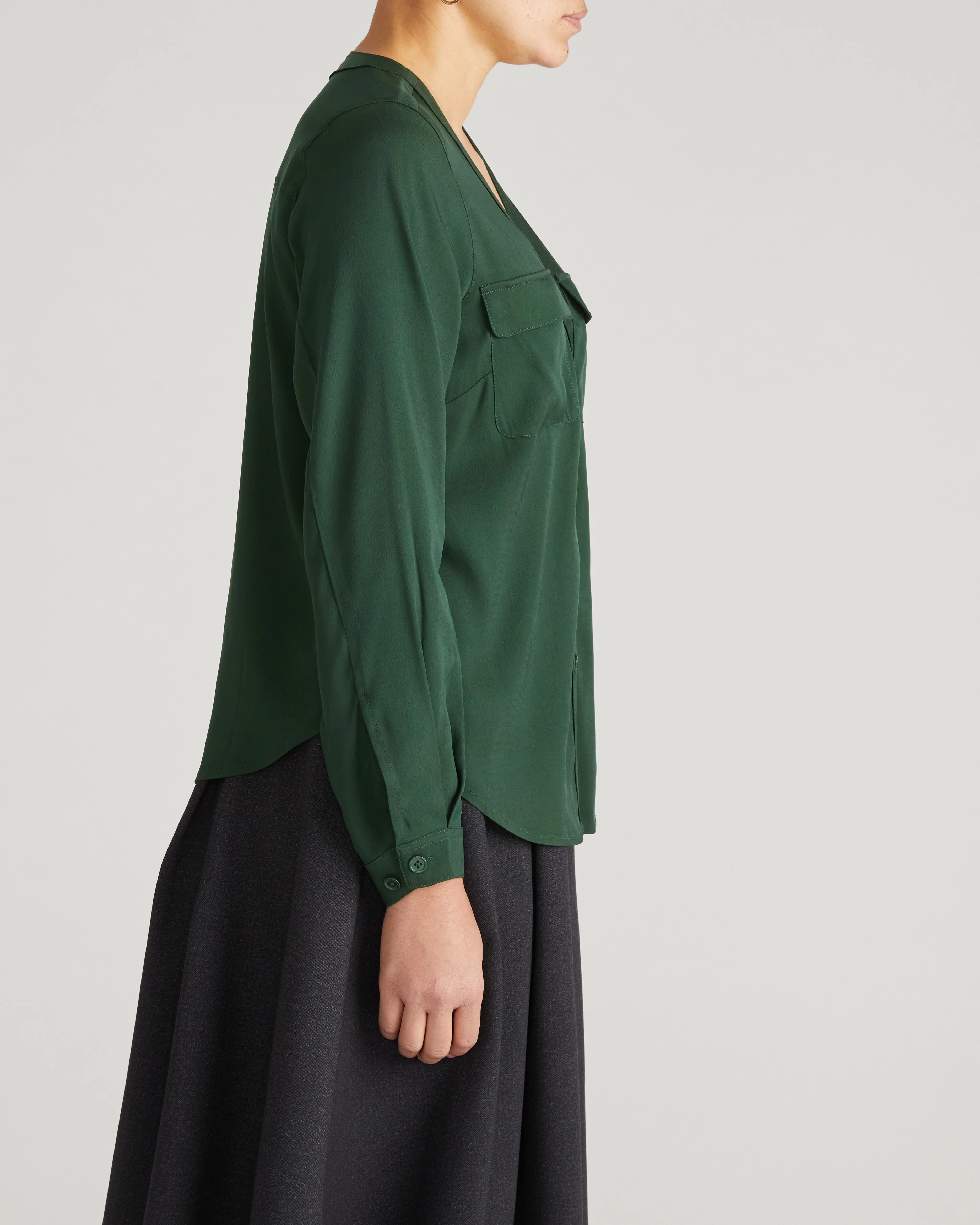 Cooling Stretch Cupro Button-Down Blouse - Forest Green - Image 4