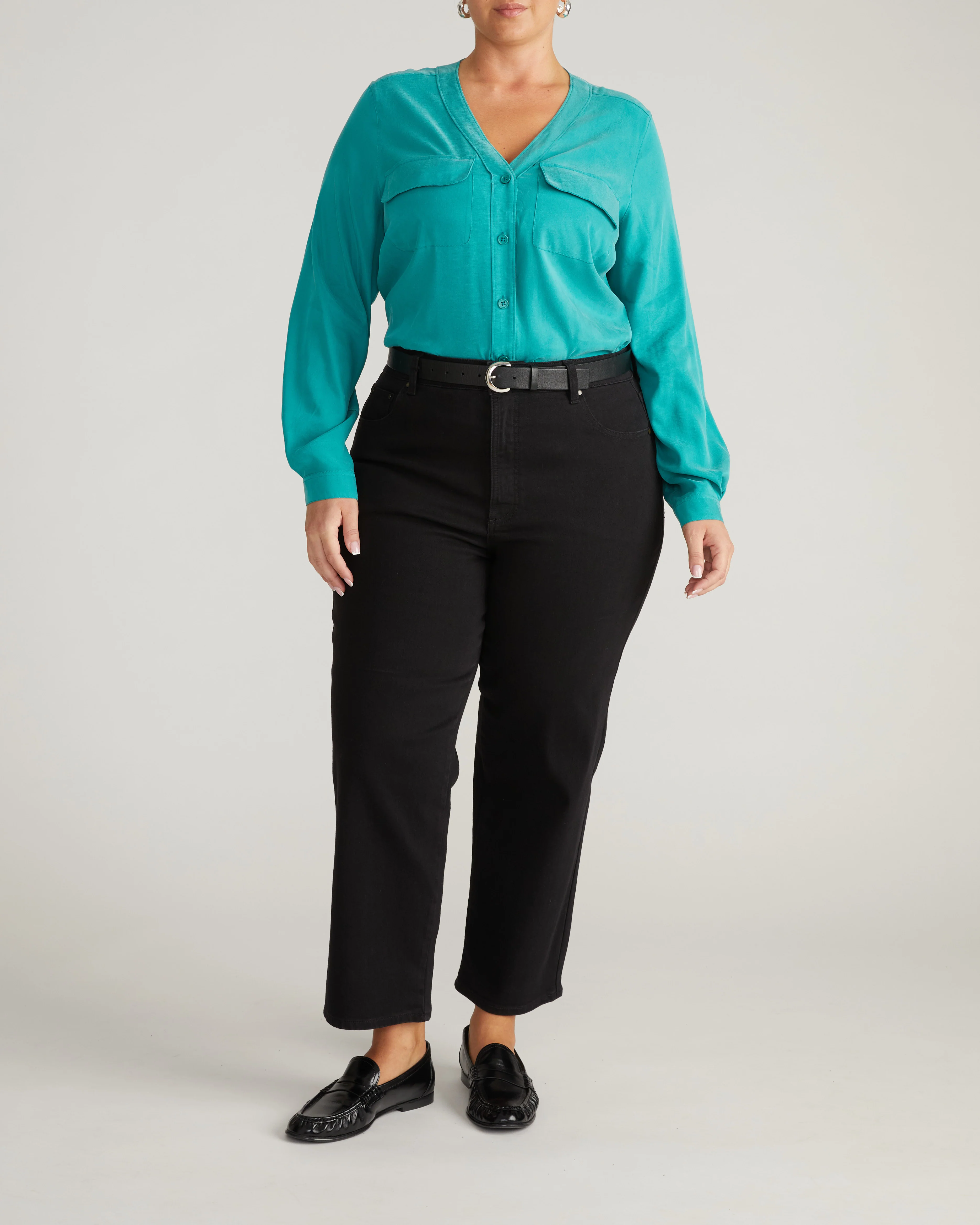 Cooling Stretch Cupro Button-Down Blouse - Green Tourmaline - Image 4