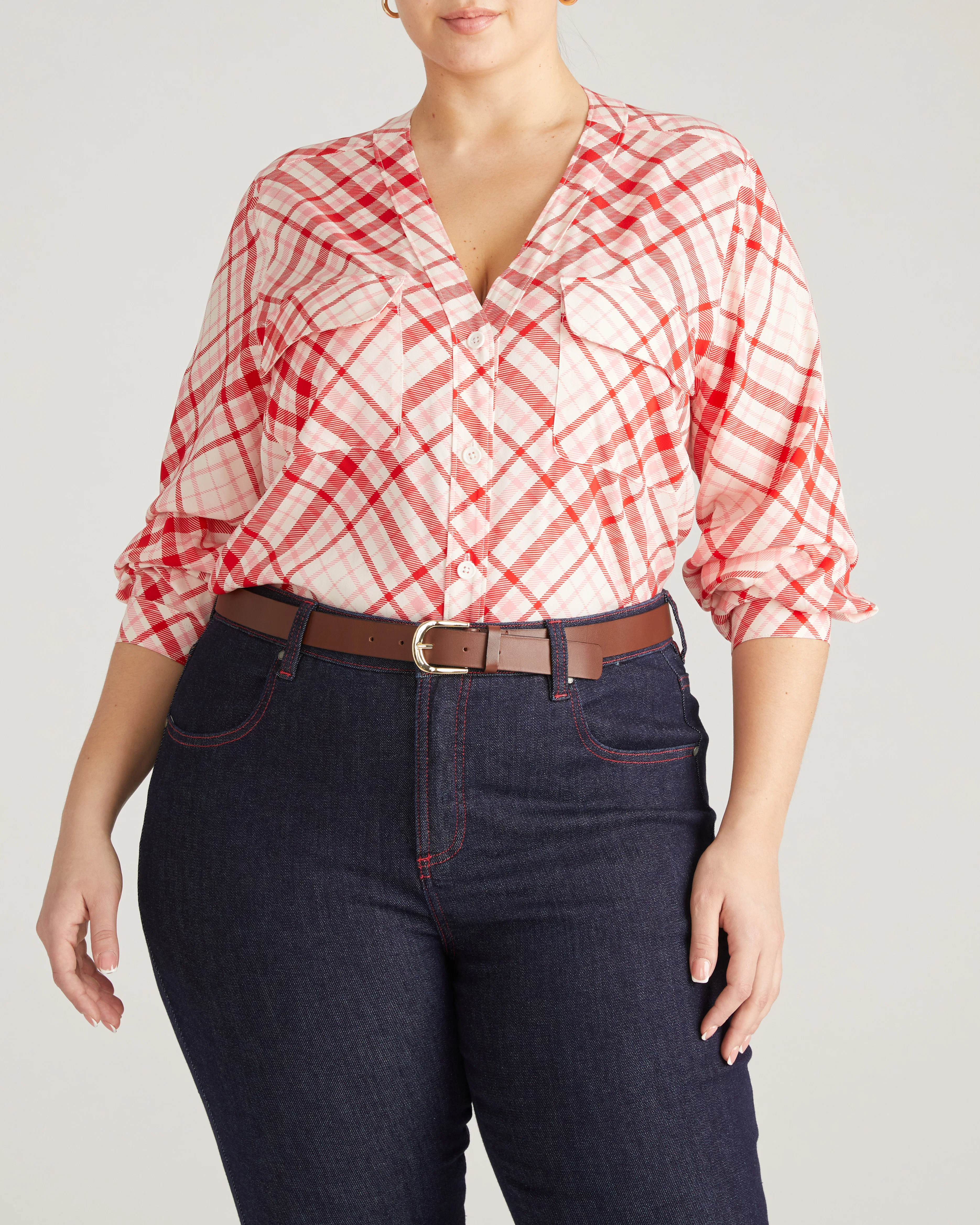 Cooling Stretch Cupro Button-Down Blouse - Red Plaid Print - Image 6