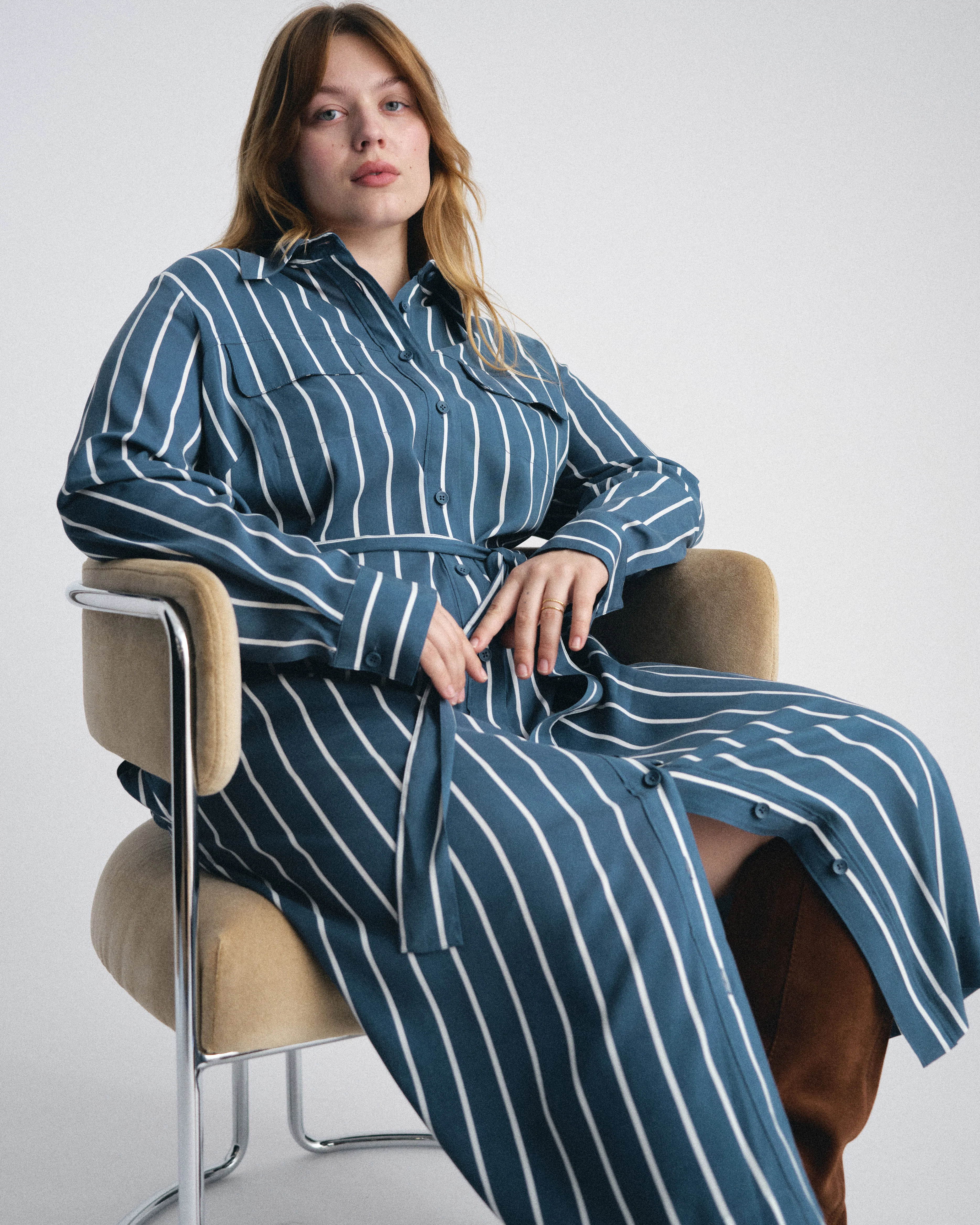 Cooling Stretch Cupro Savannah Dress - Ensign Blue/White Stripe - Image 3