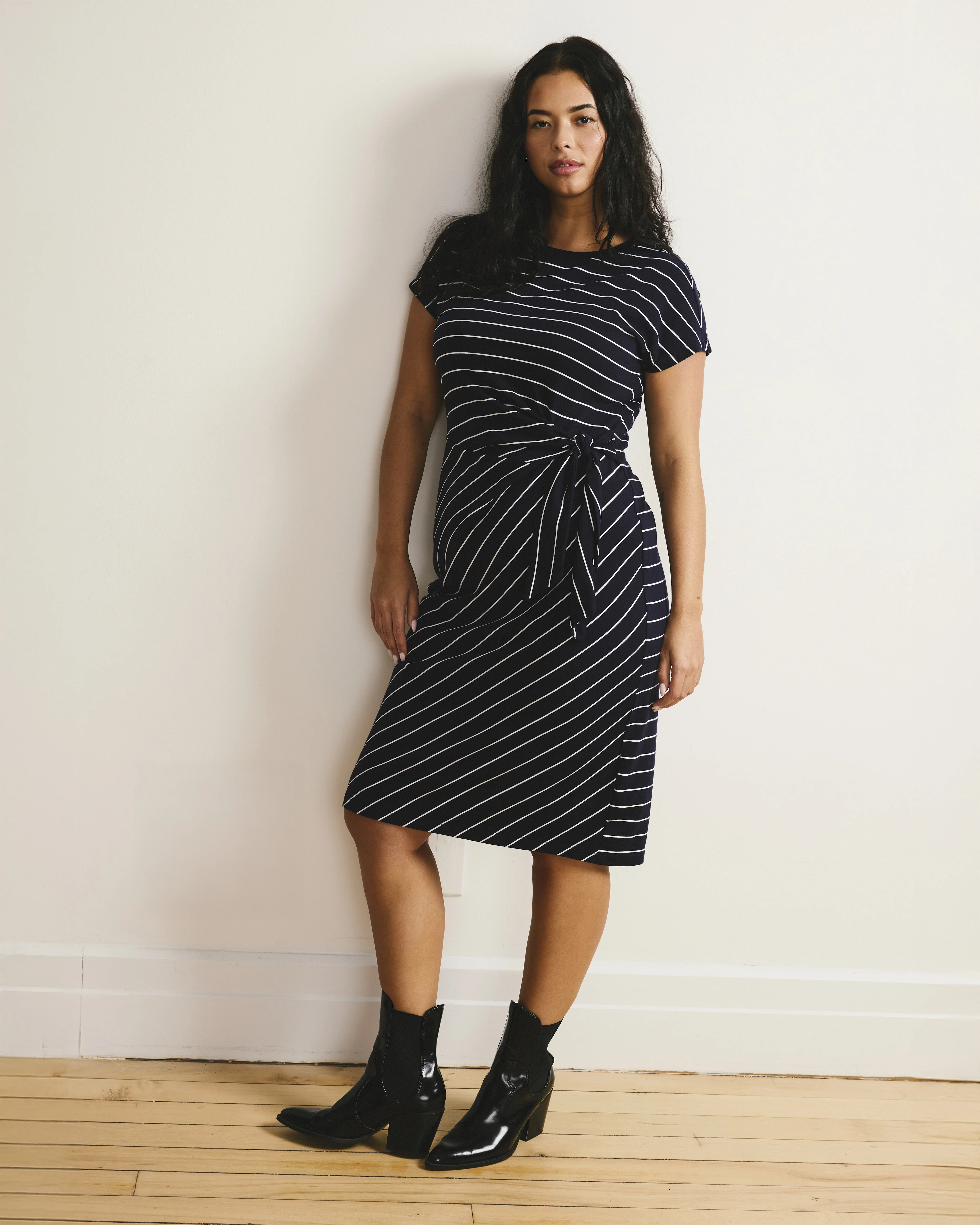 Crescent Breton Stripe Knot Dress - Navy Pinstripe - Image 2