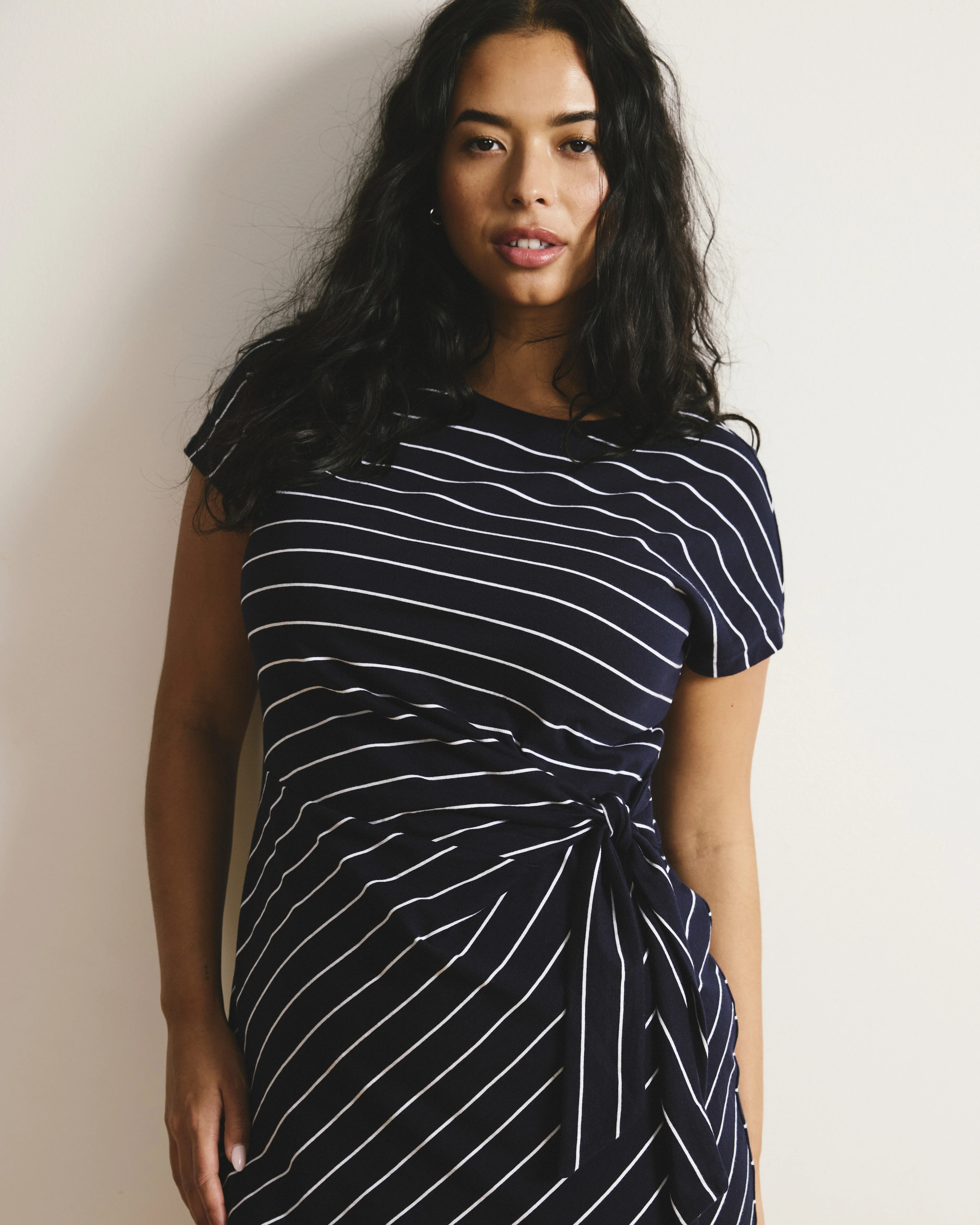 Crescent Breton Stripe Knot Dress - Navy Pinstripe - Image 3