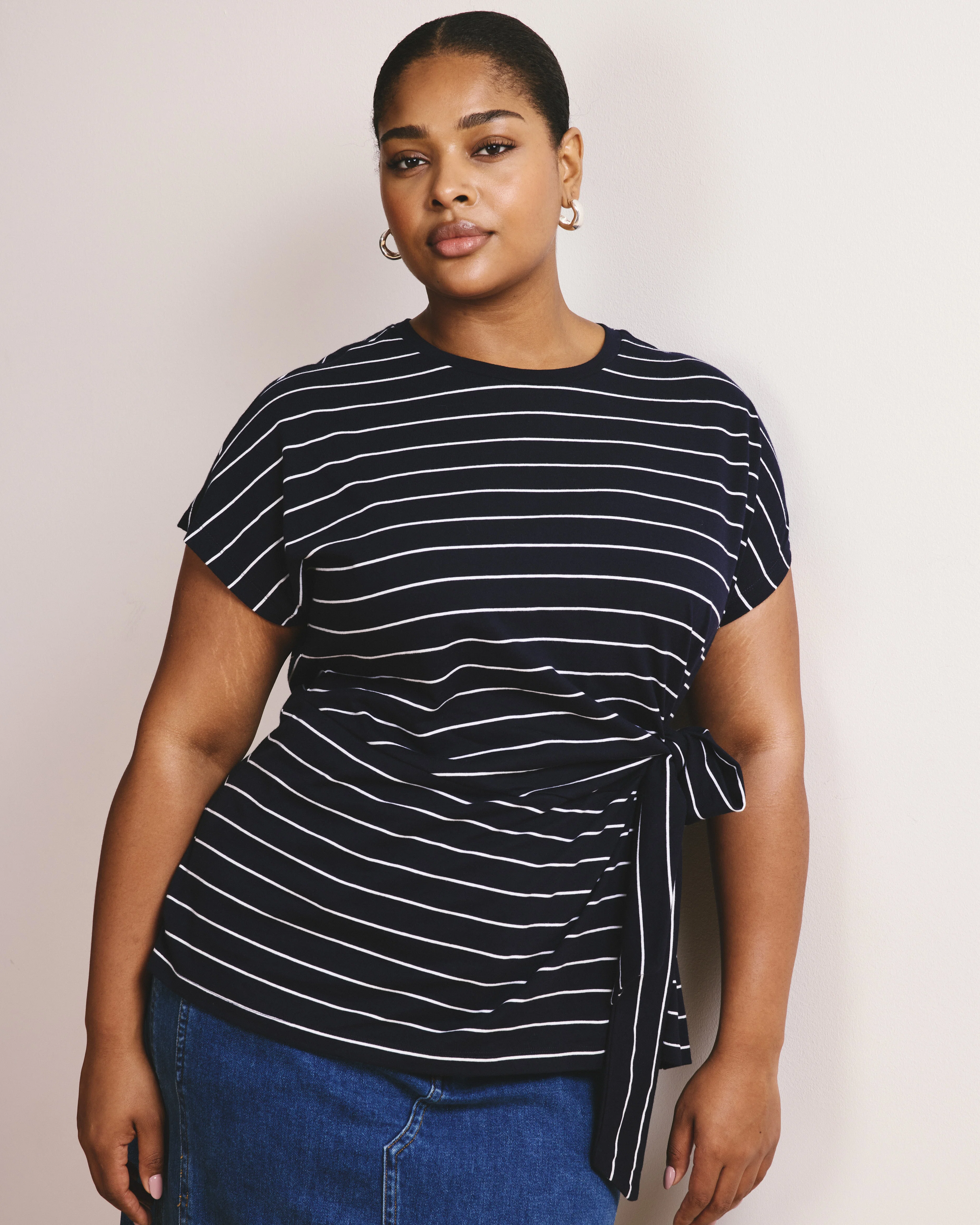 Crescent Breton Stripe Knot Tee - Navy Pinstripe - Image 5
