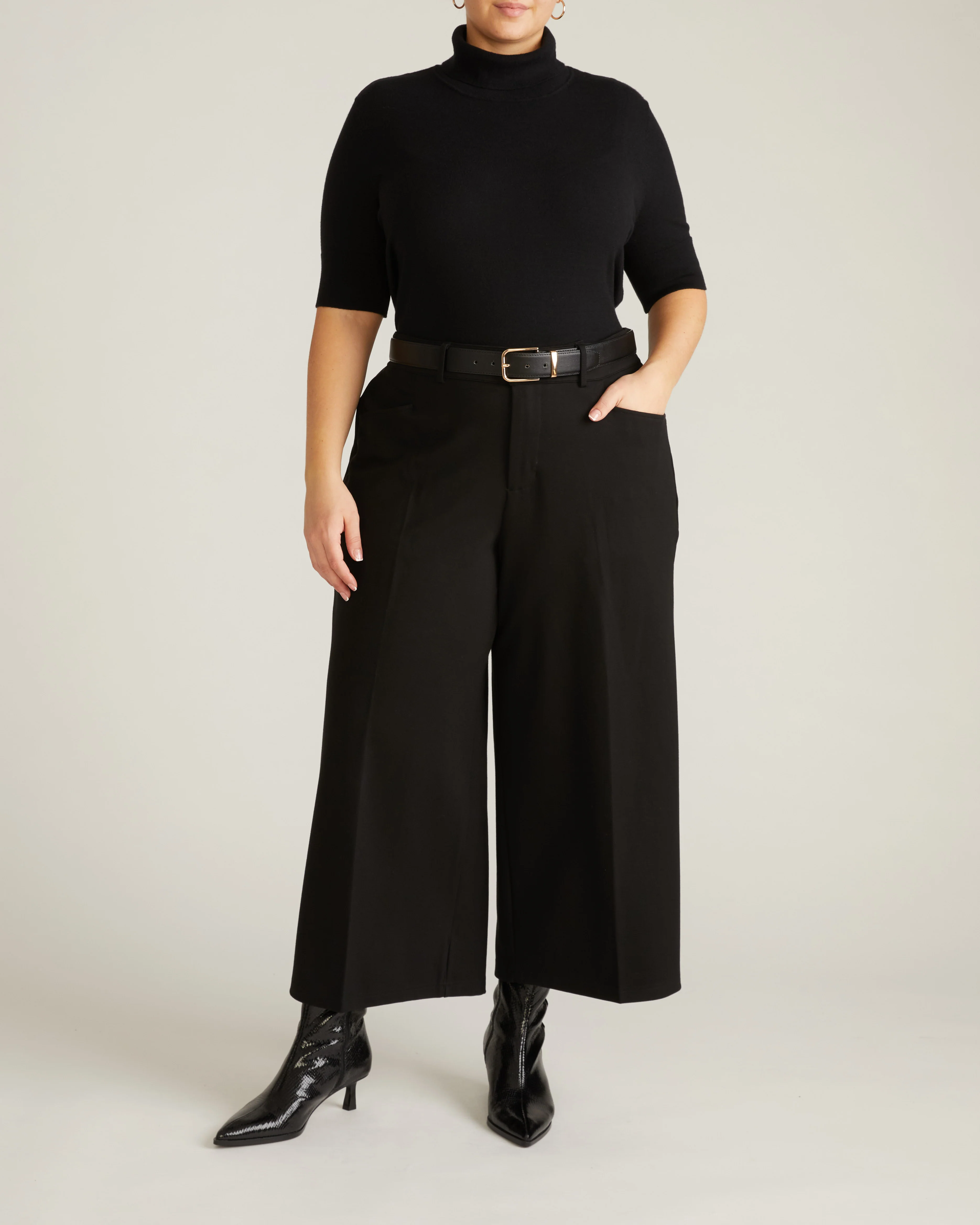 Cropped Wide Leg Ponte Pants - Black - Image 5
