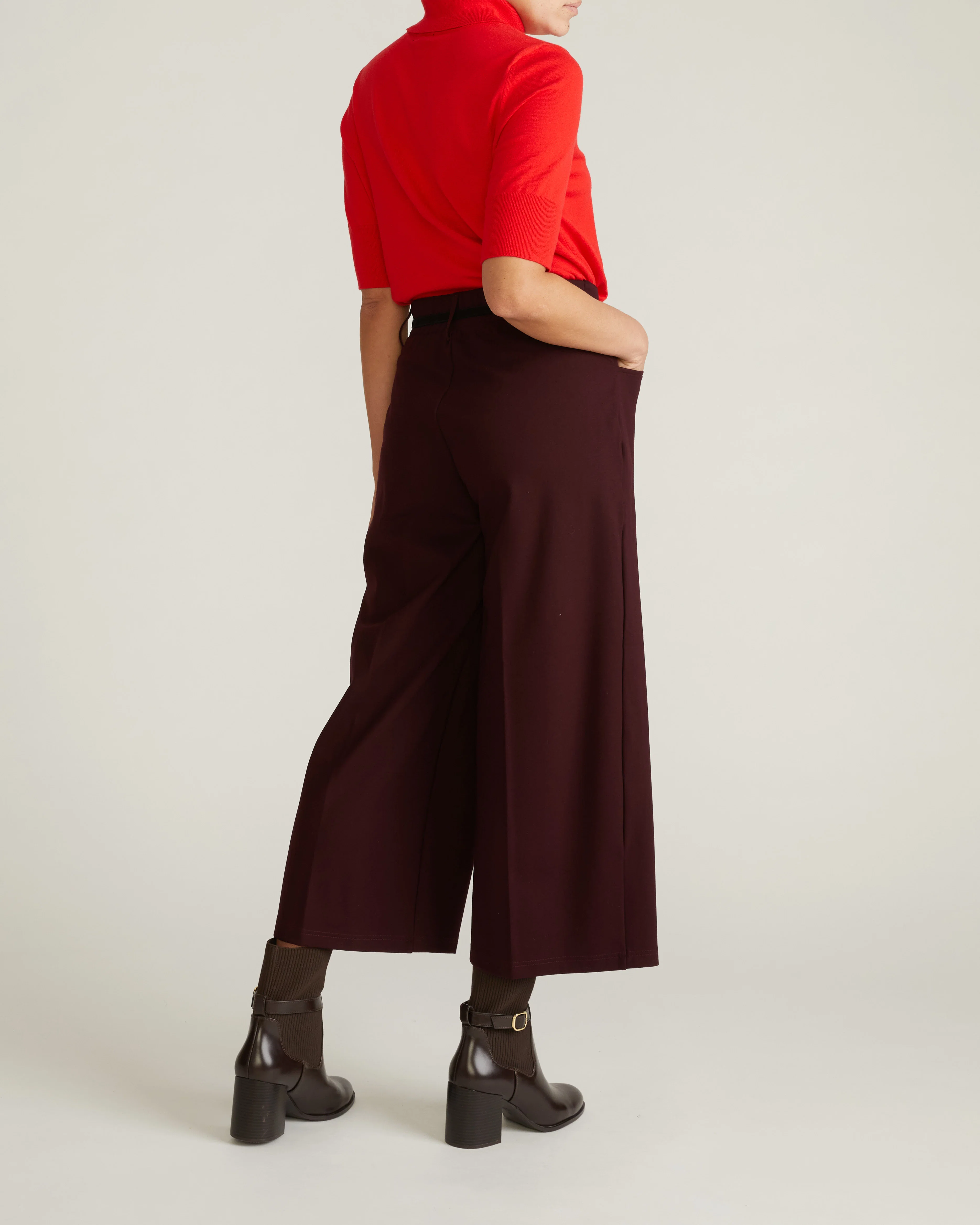 Cropped Wide Leg Ponte Pants - Black Cherry - Image 4