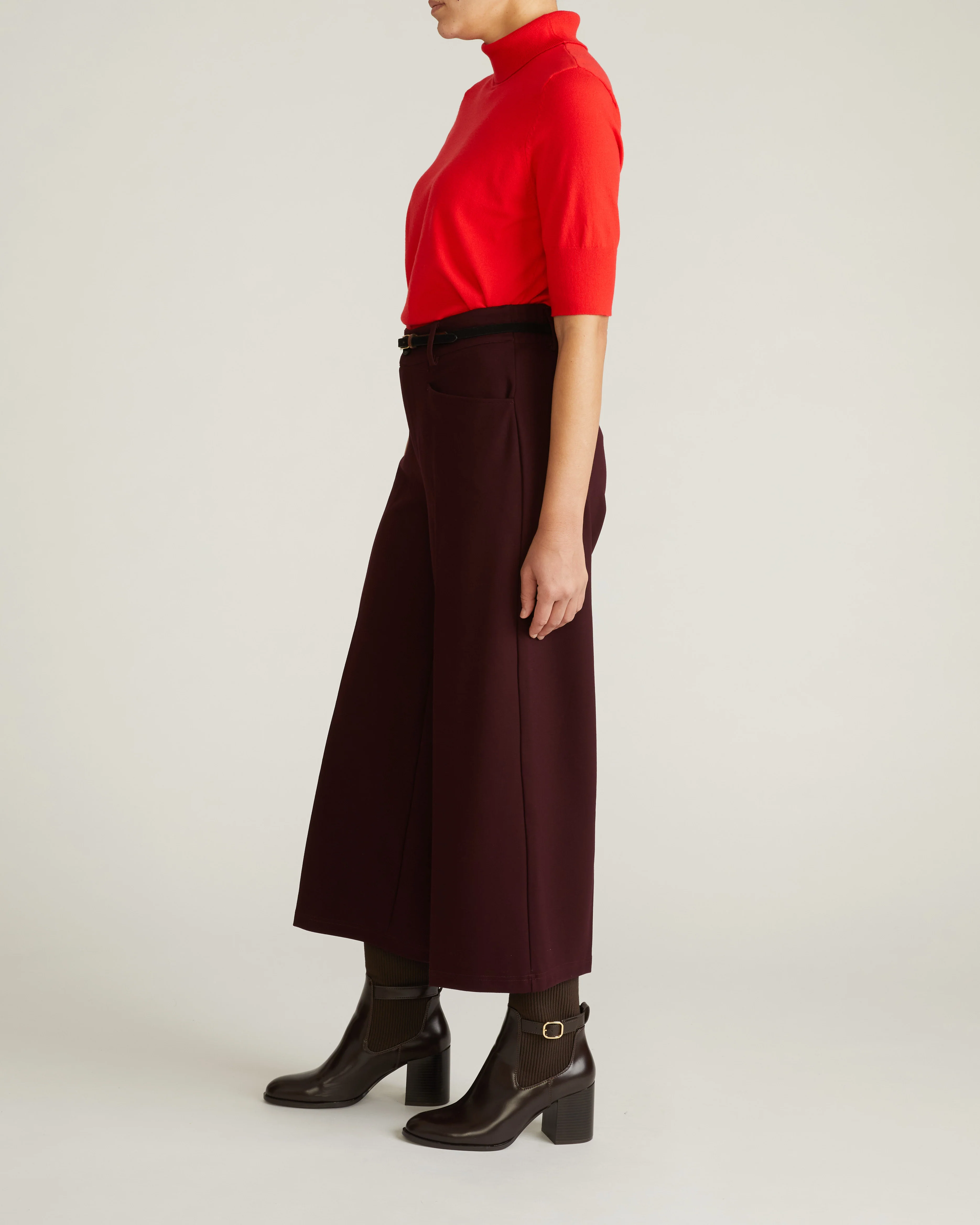Cropped Wide Leg Ponte Pants - Black Cherry - Image 5