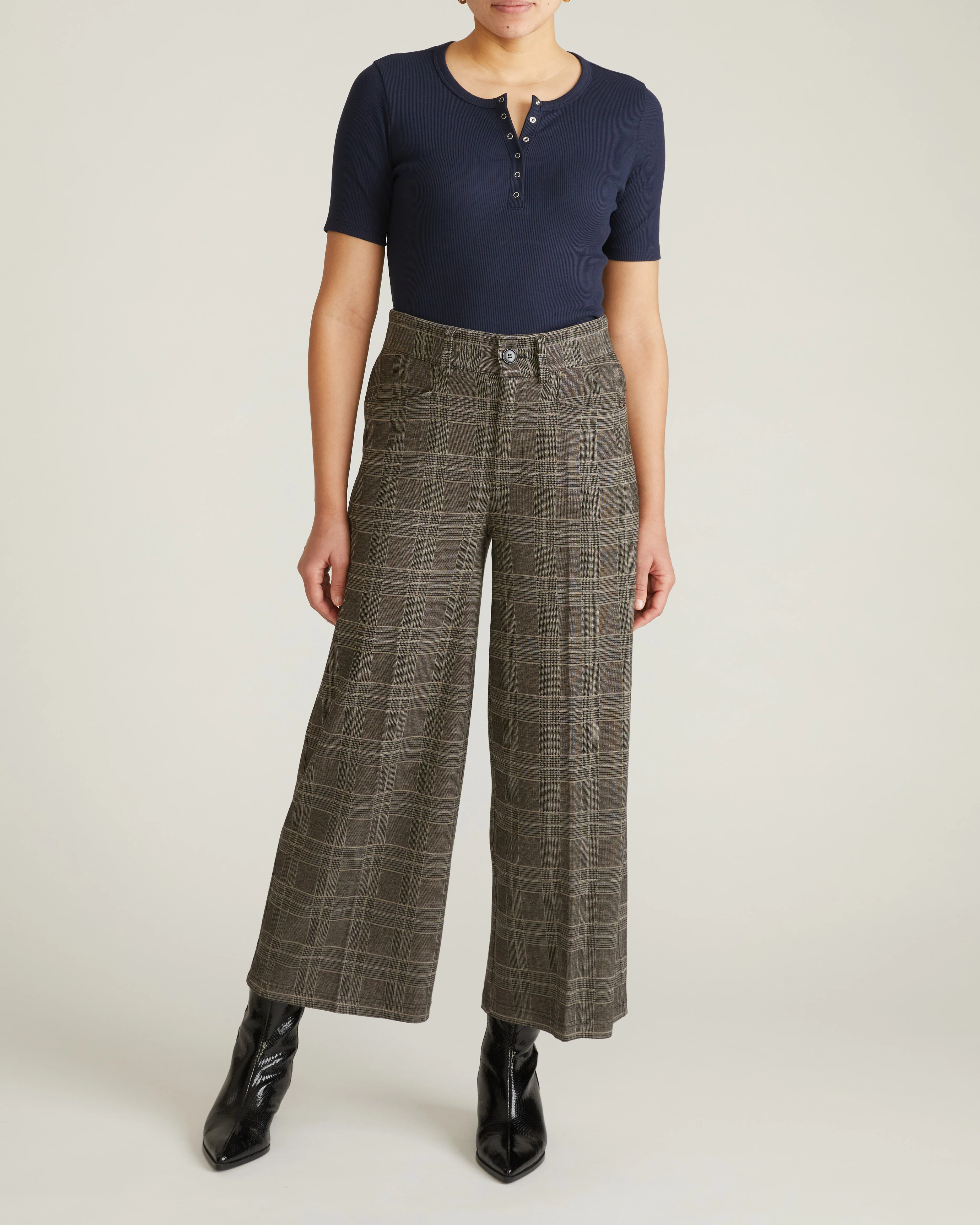 Cropped Wide Leg Ponte Pants - British Plaid - Image 5