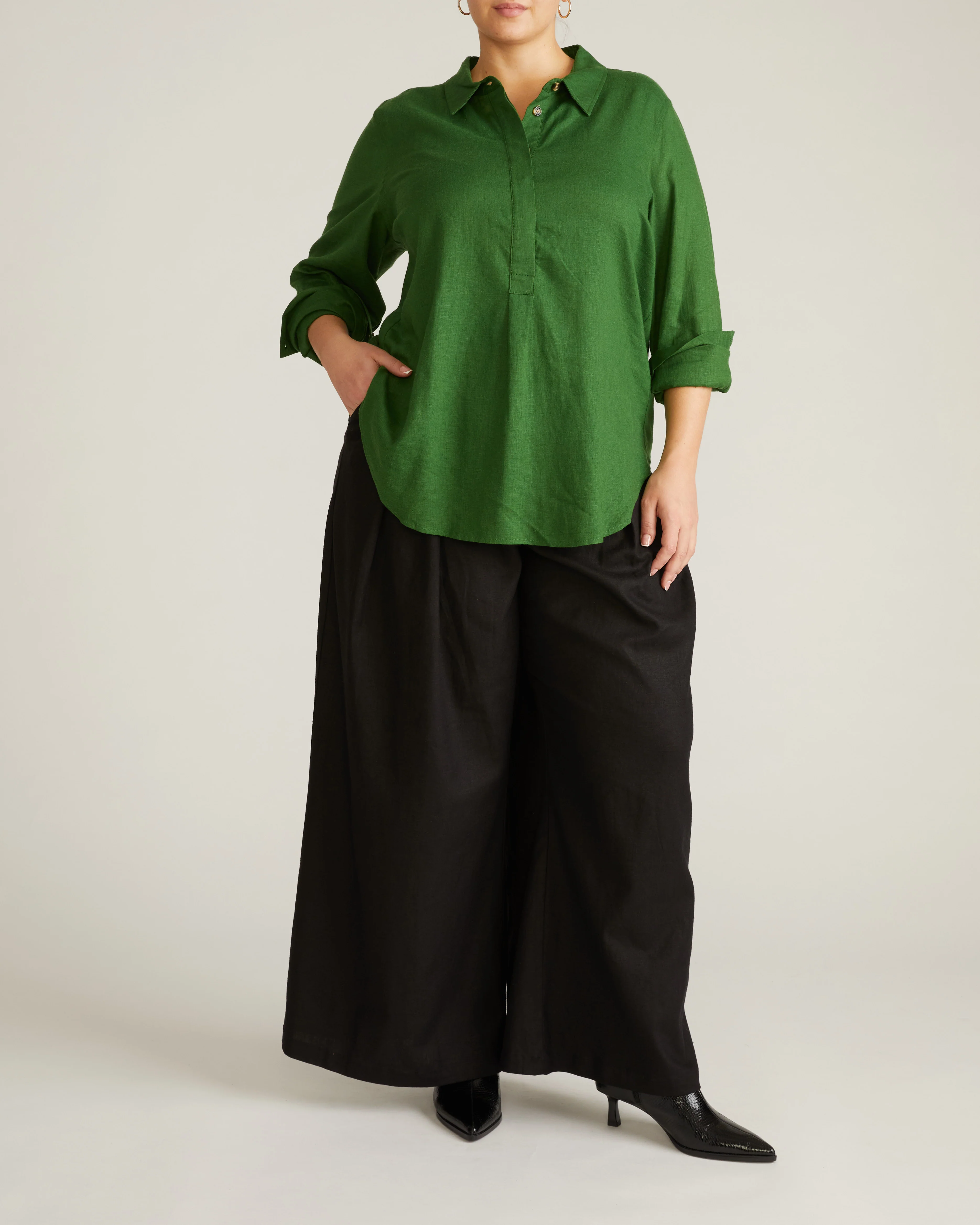 Elbe Popover Stretch Linen Shirt - Green Park - Image 4
