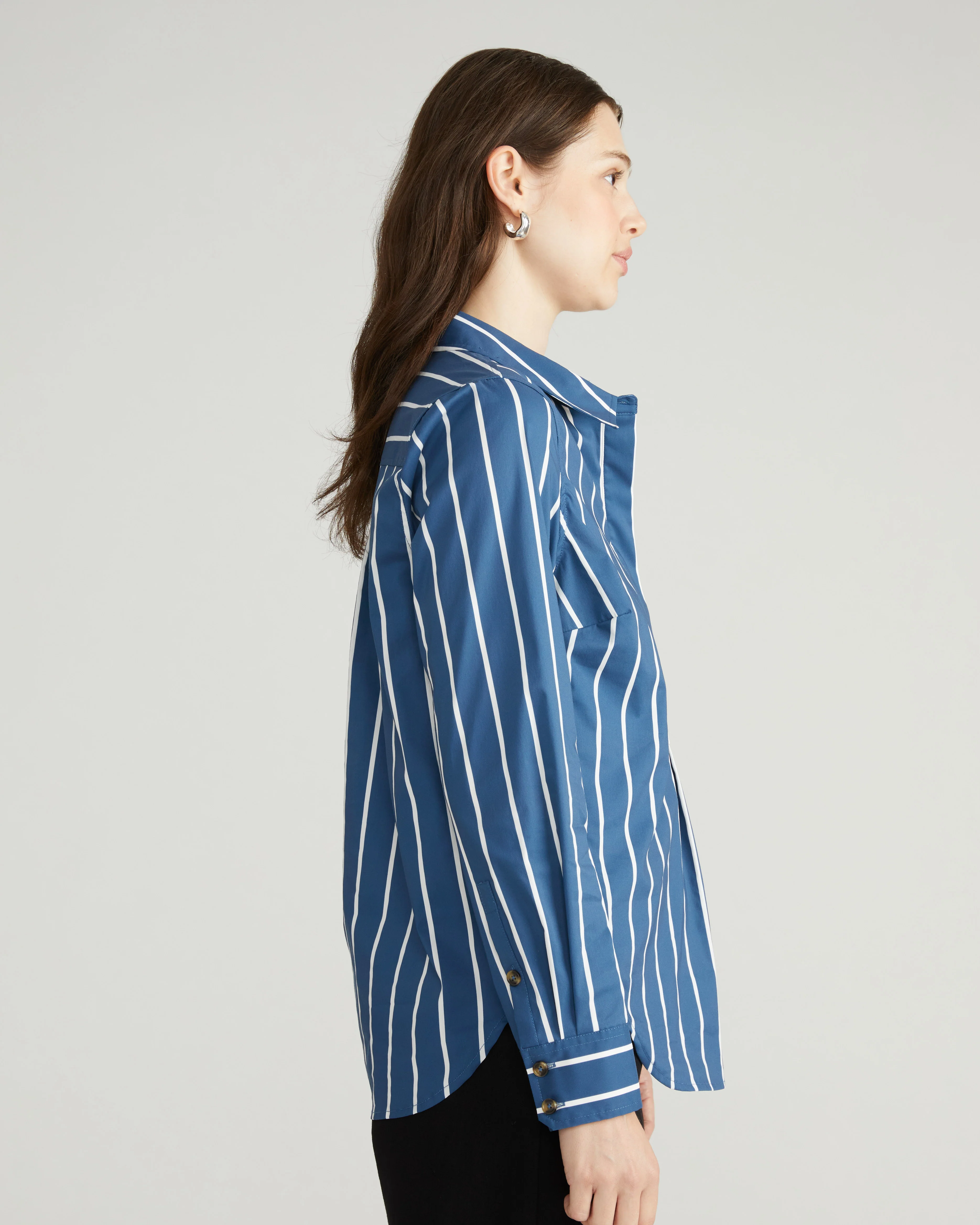 Elbe Popover Stretch Poplin Shirt Classic Fit - Ensign Blue/White Stripe - Image 8