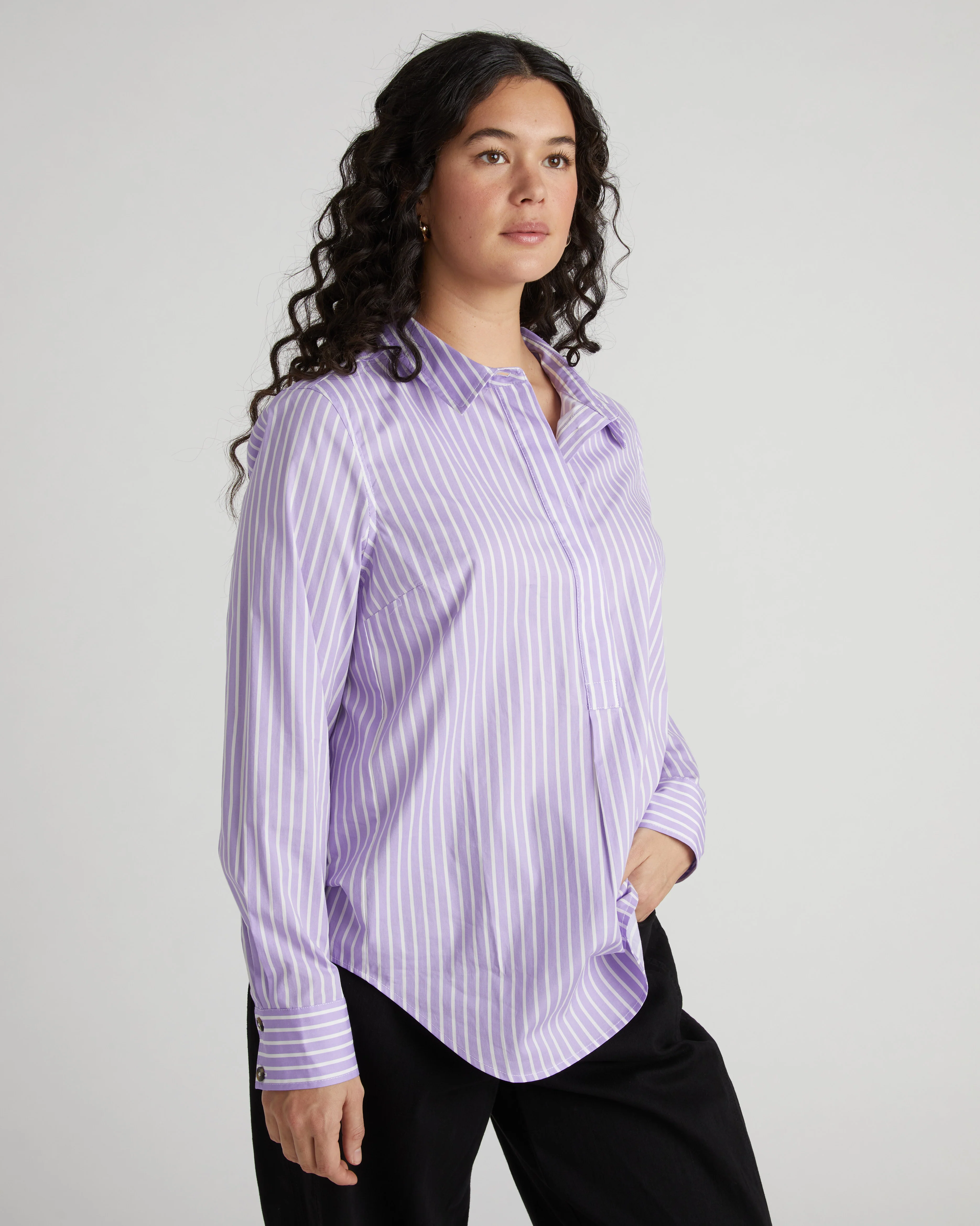 Elbe Popover Stretch Poplin Shirt Classic Fit - Lavender/White Stripe - Image 5