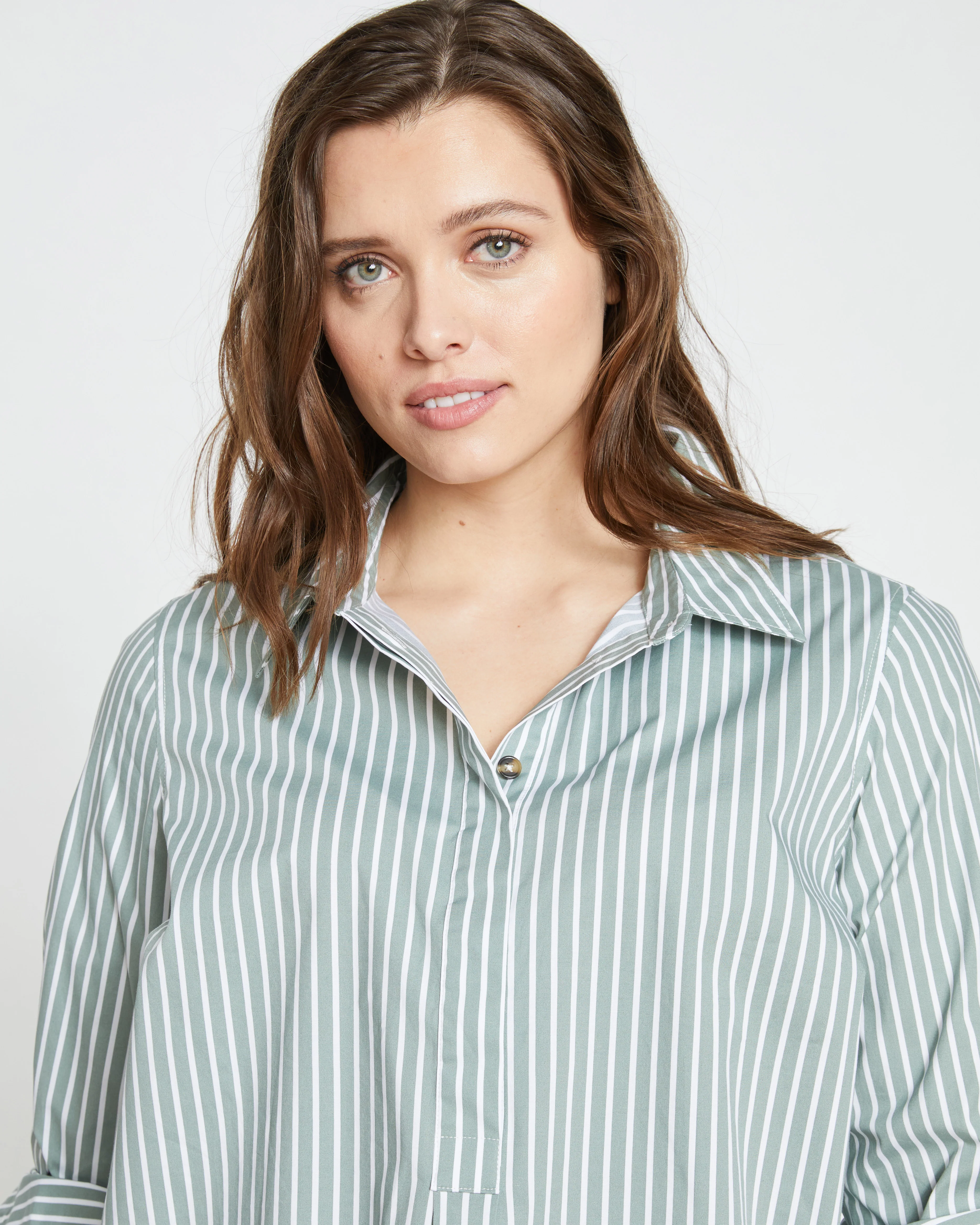Elbe Popover Stretch Poplin Shirt Classic Fit - Sage/White Stripe