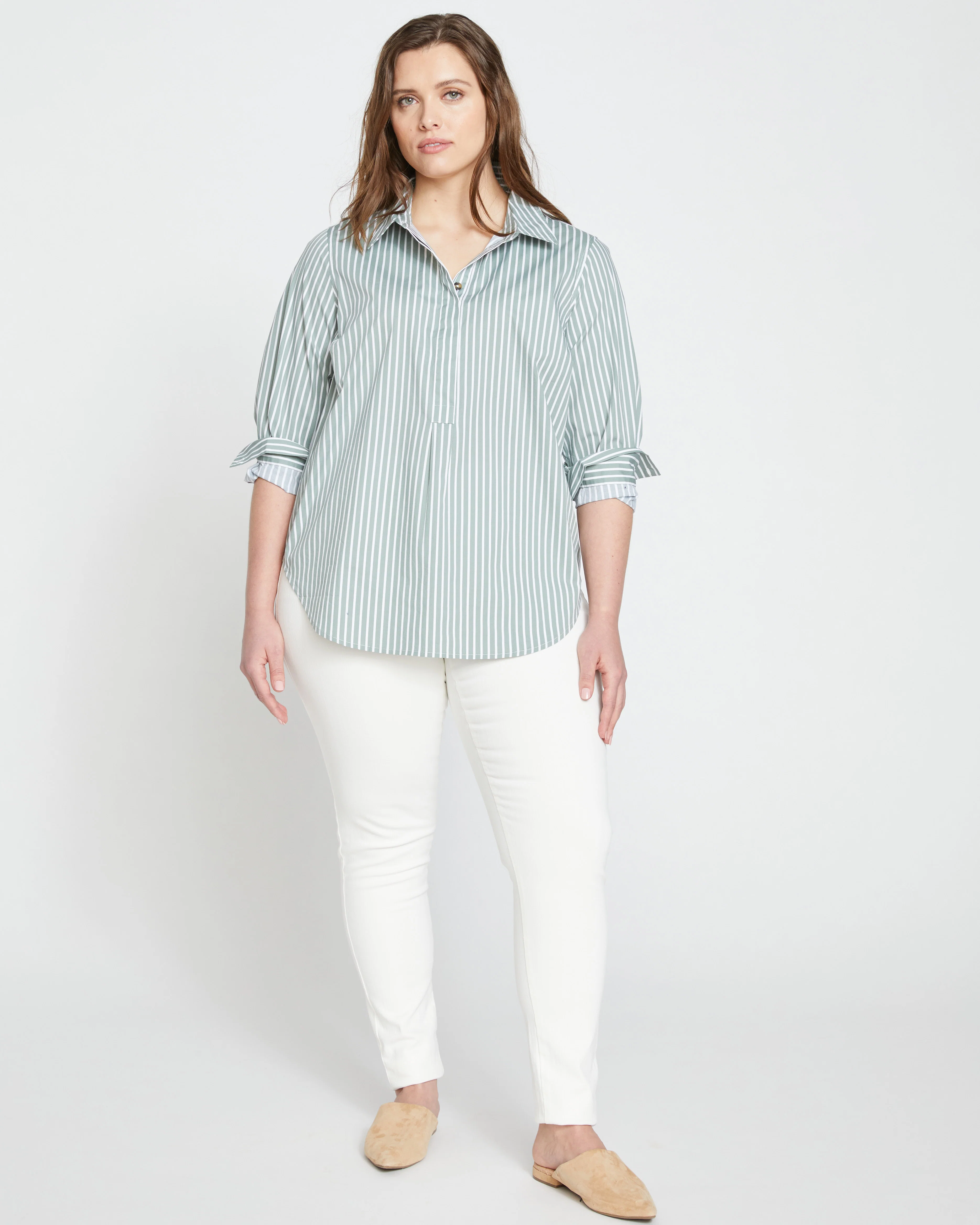 Elbe Popover Stretch Poplin Shirt Classic Fit - Sage/White Stripe - Image 2