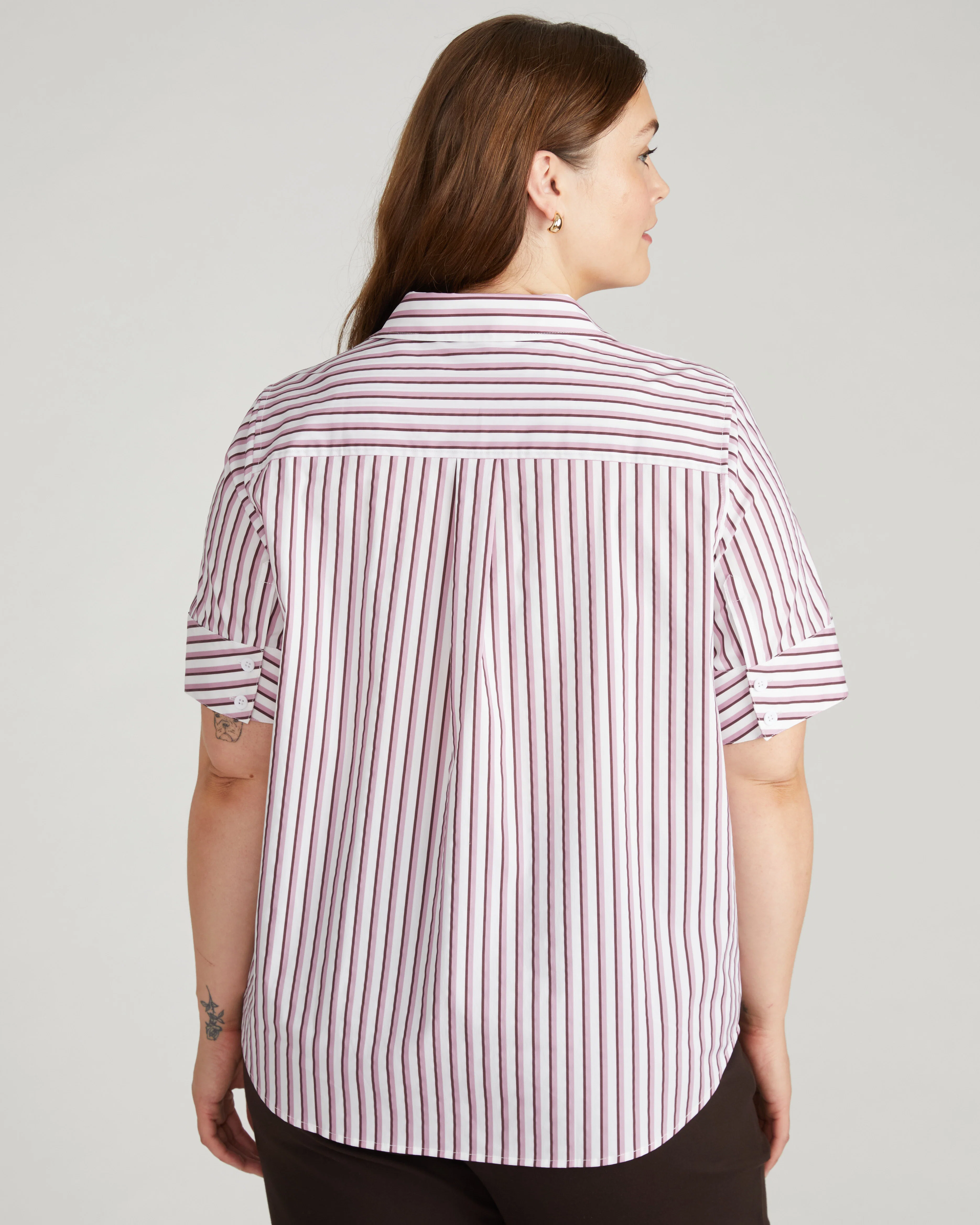 Elbe Stretch Poplin Short Sleeve Shirt - Lilac Multi Stripe - Image 3