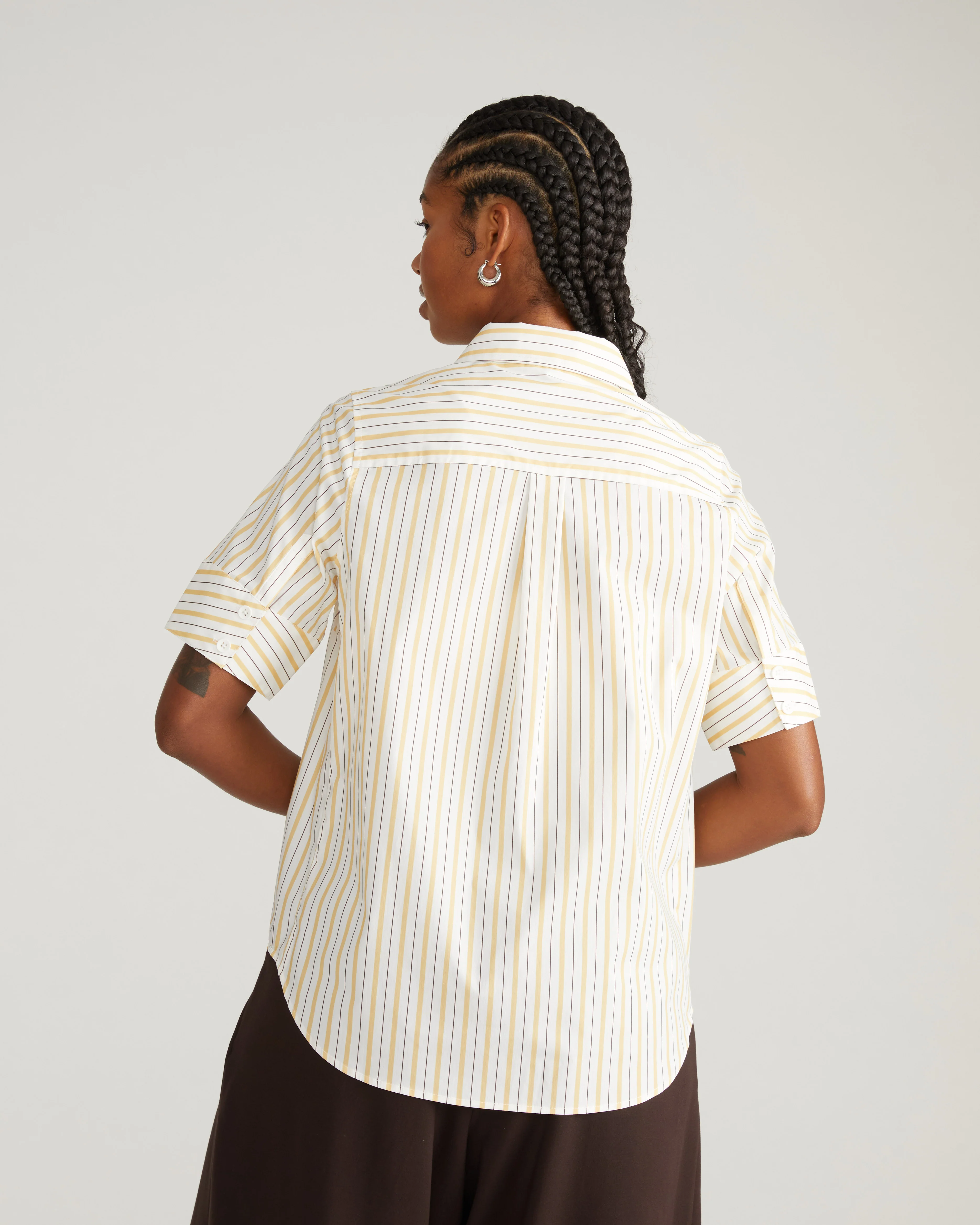 Elbe Stretch Poplin Short Sleeve Shirt - Yellow Multi Stripe - Image 2