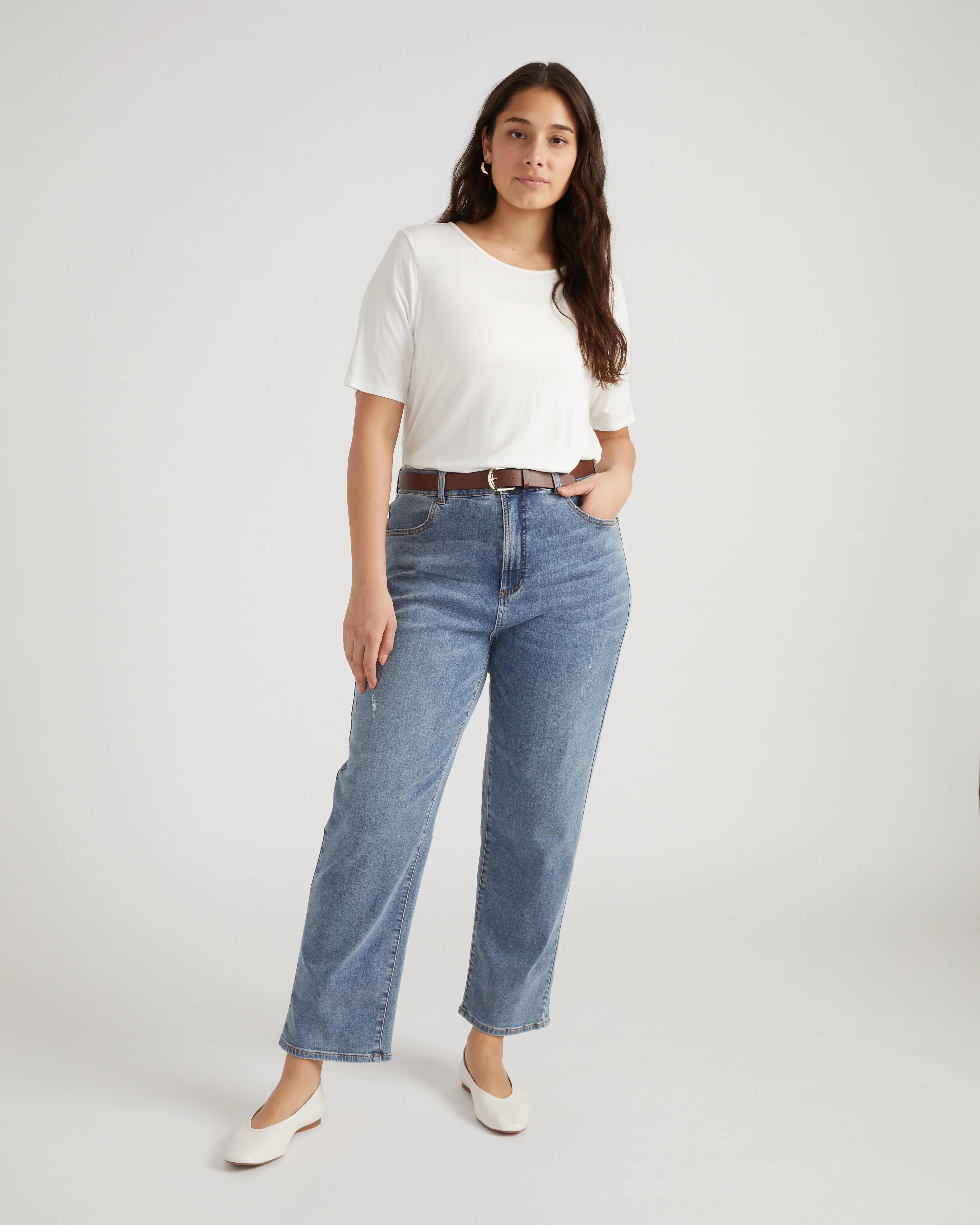 Ella High Rise Straight Leg Jeans - Distressed Washed Indigo - Image 3