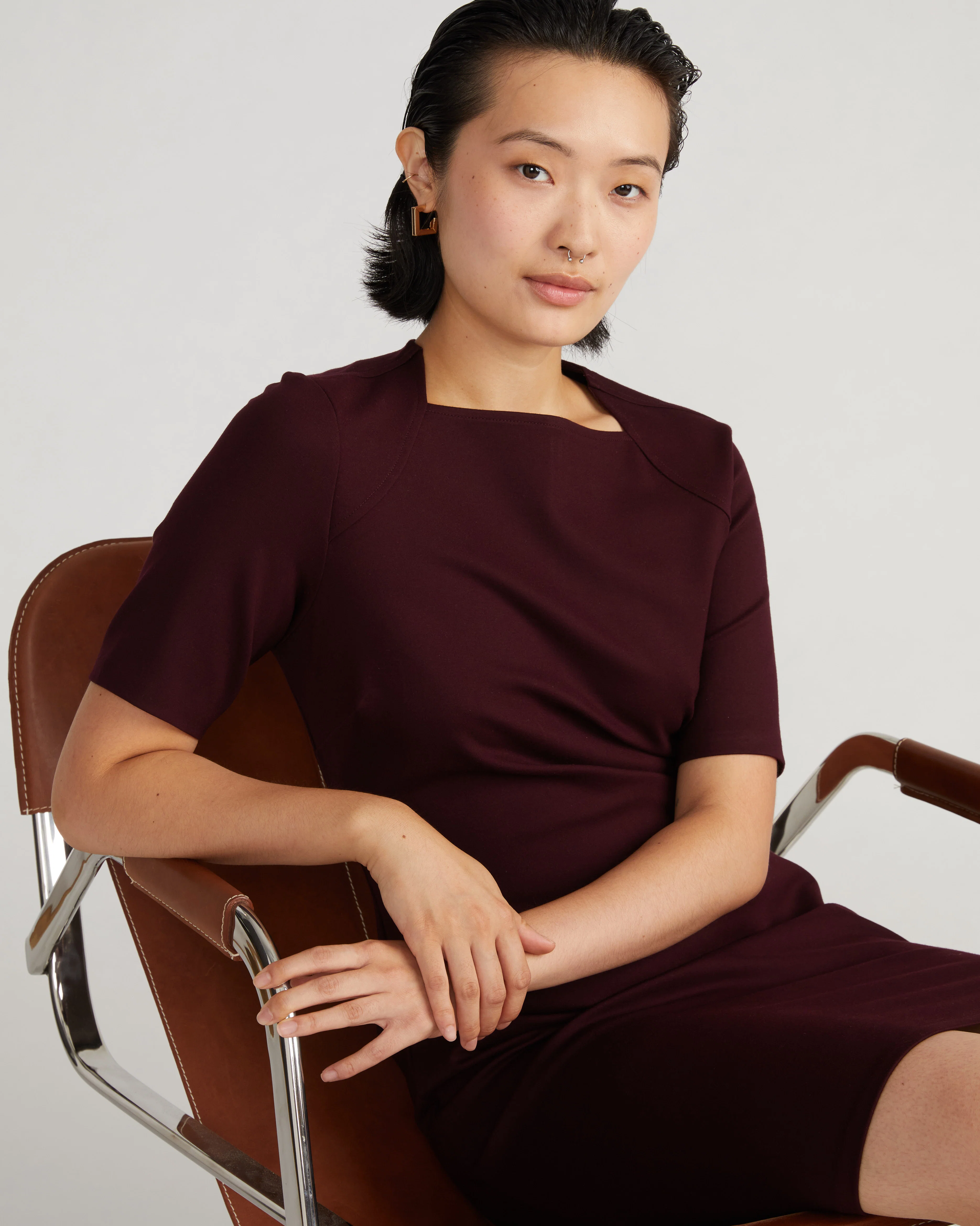 Envelope Neck Ponte Dress - Black Cherry - Image 2
