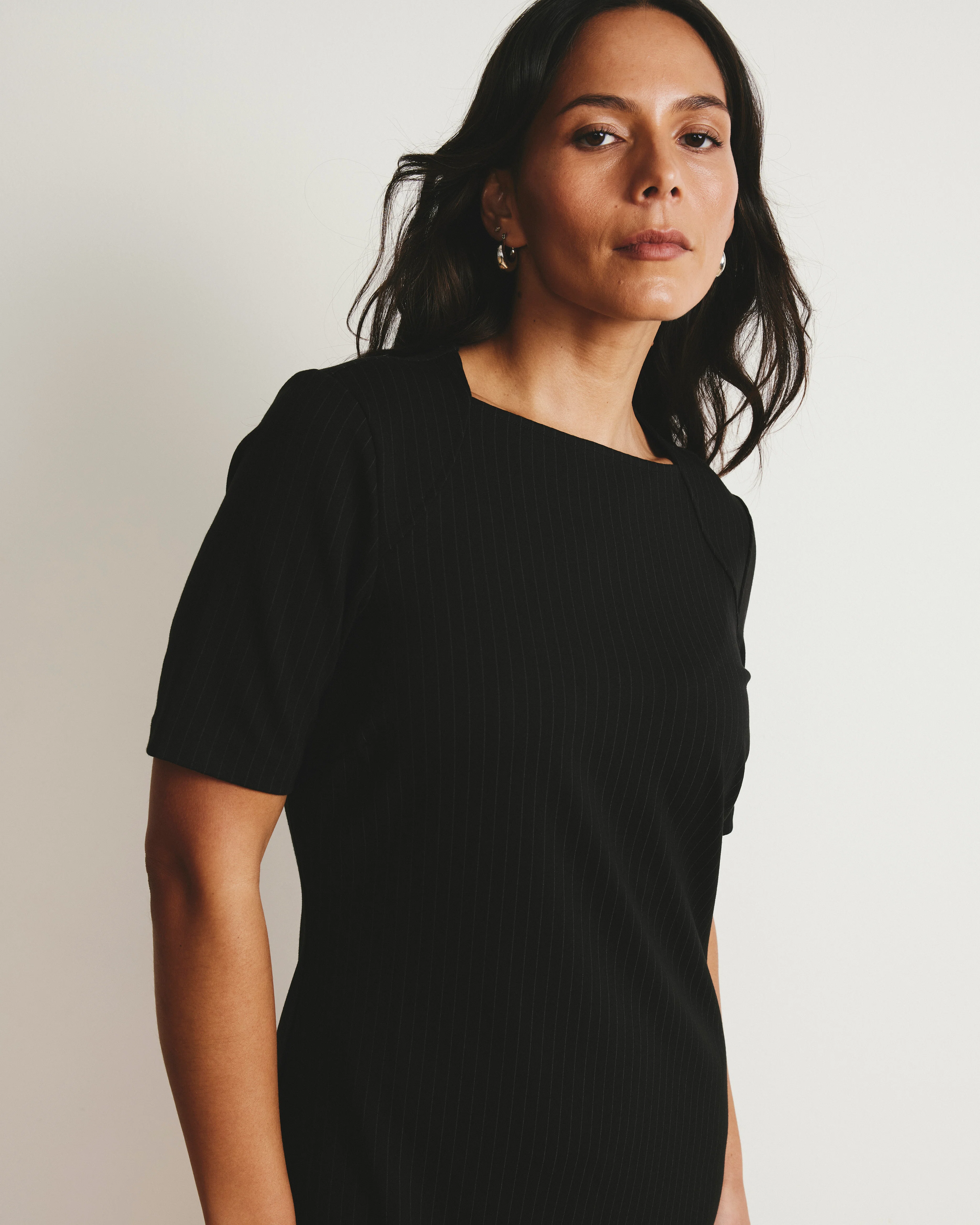 Envelope Neck Ponte Dress - Slate Pinstripe - Image 3