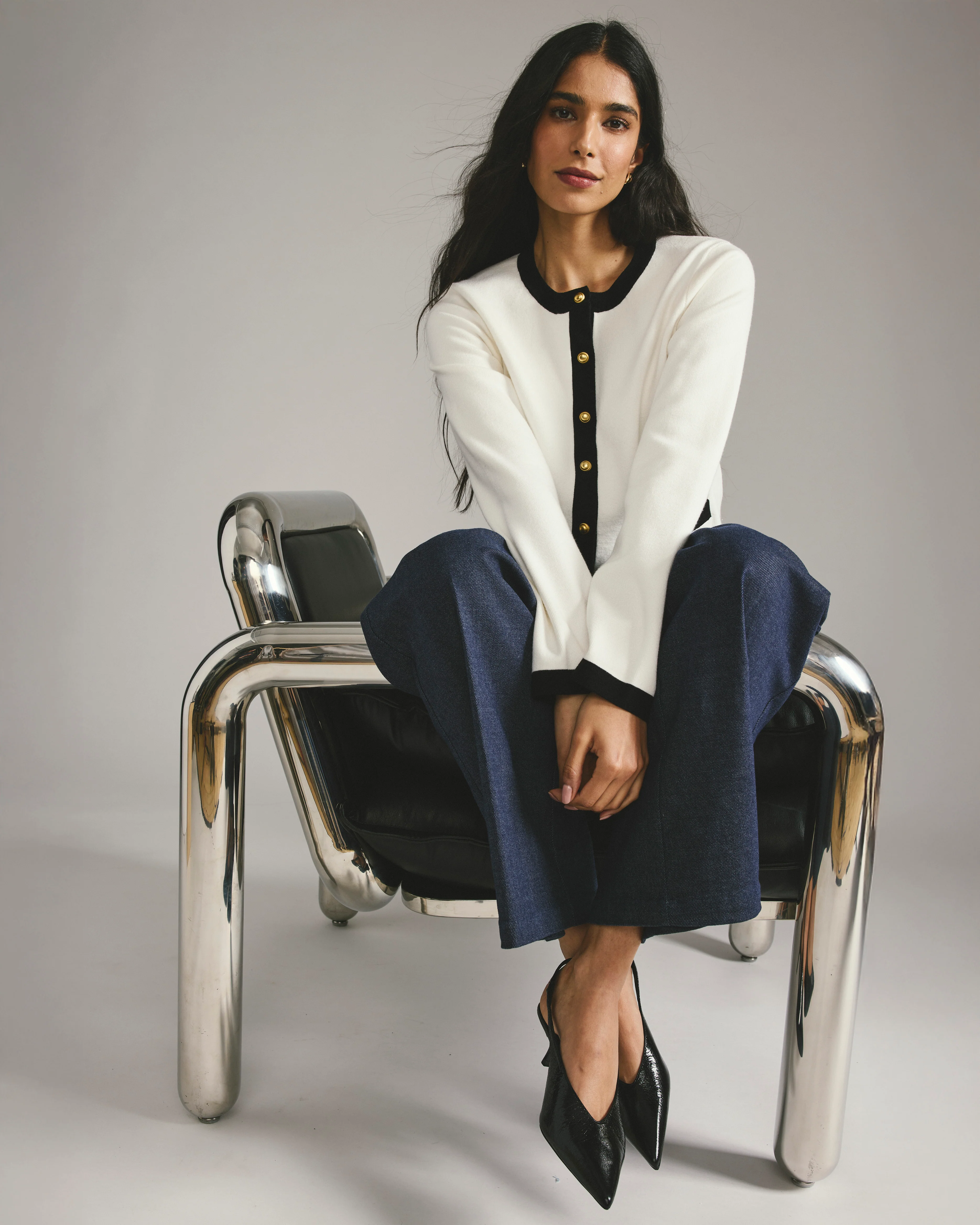 Gabrielle Button-Front Cardigan - Cream with Black Accents - Image 2