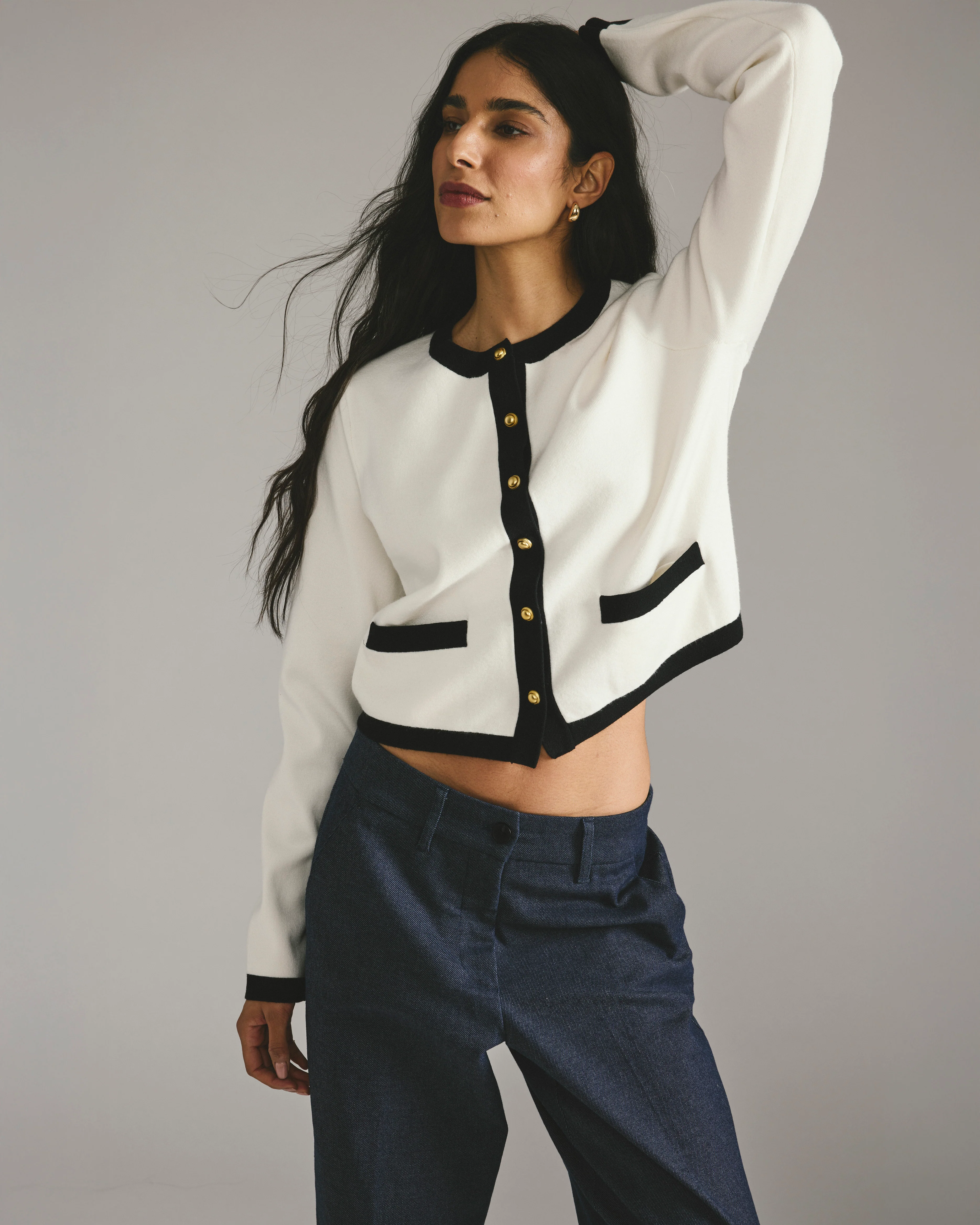 Gabrielle Button-Front Cardigan - Cream with Black Accents - Image 4