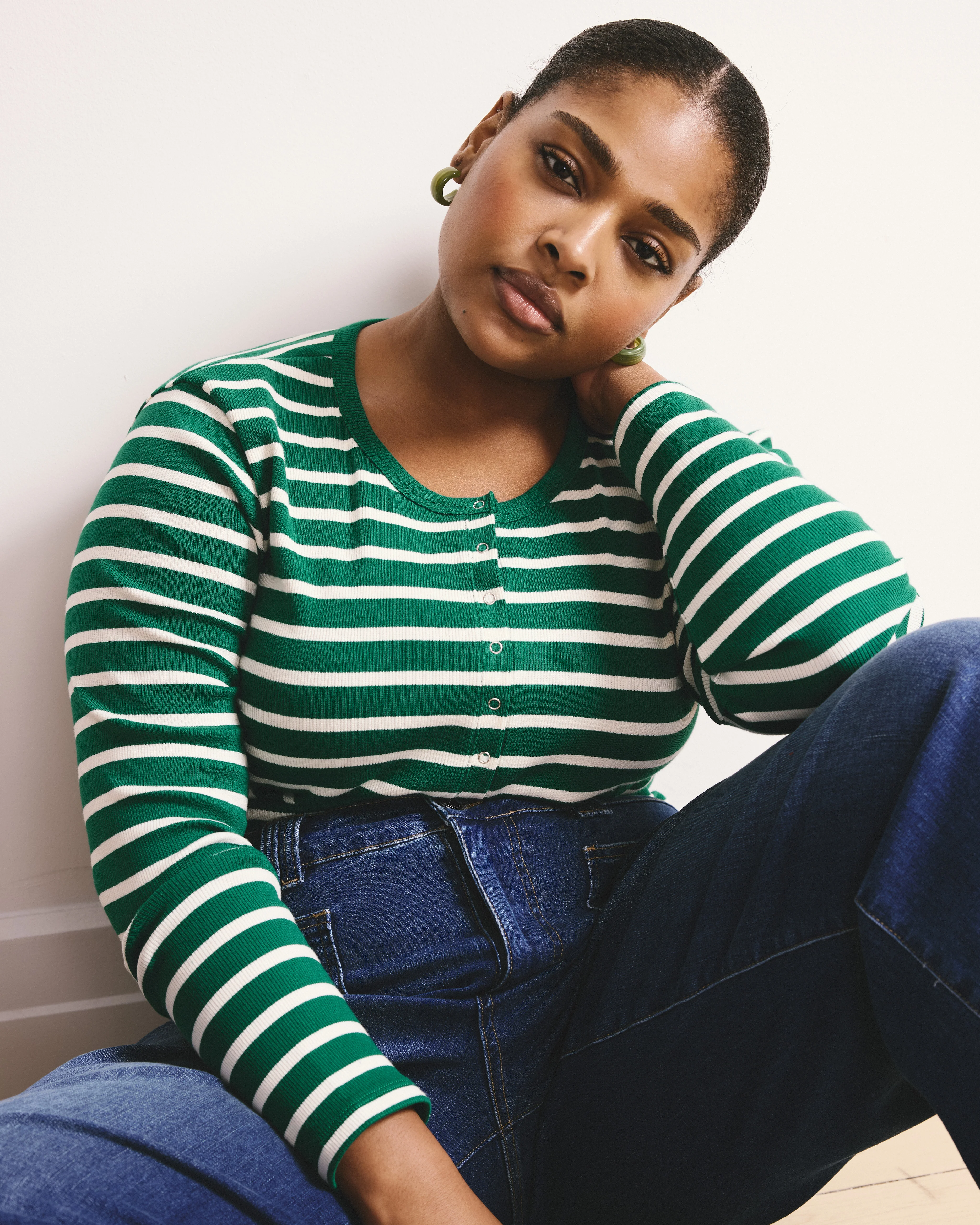 Henley Long Sleeve Ribbed Tee - Aventurine/Ecru Stripe - Image 2