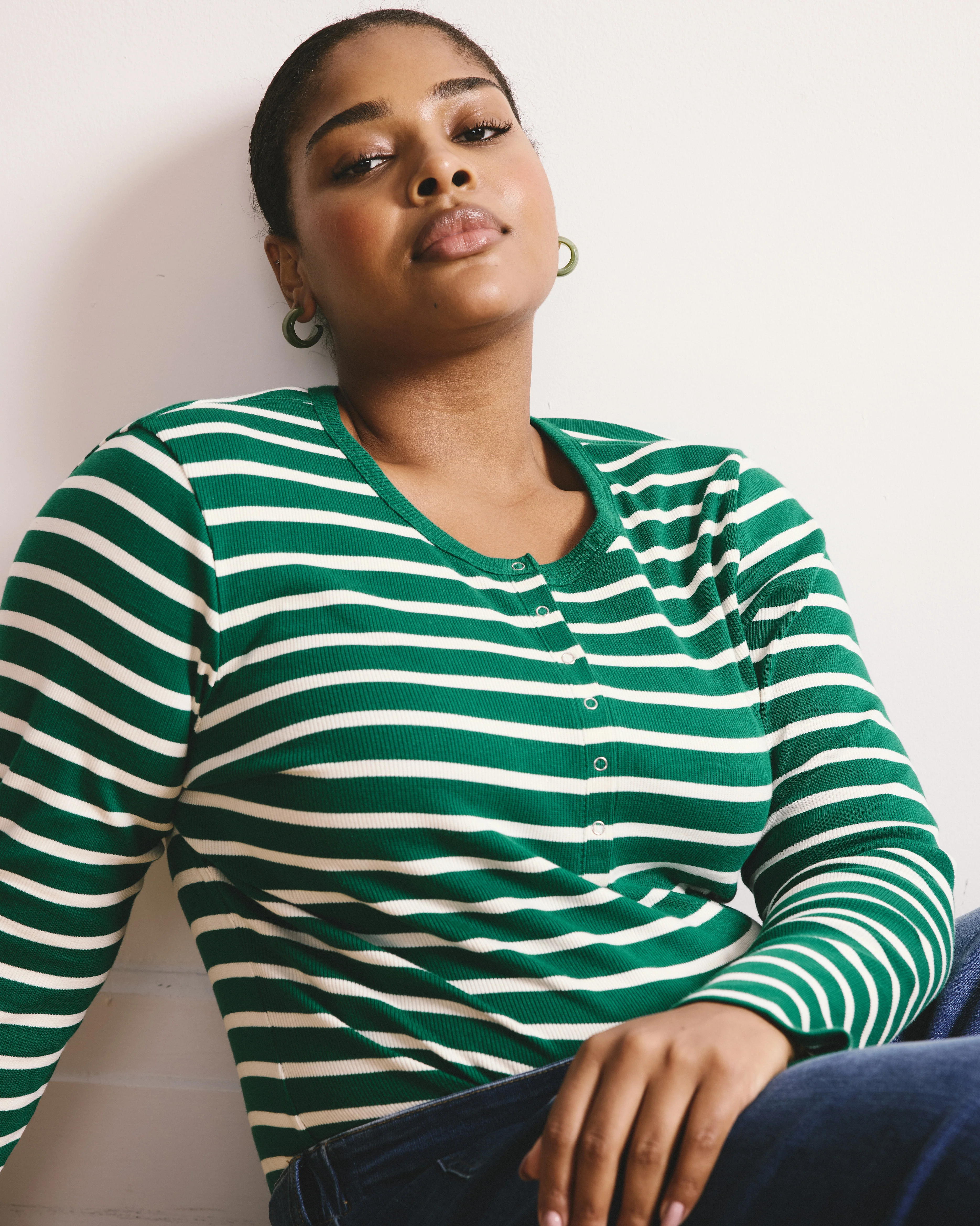 Henley Long Sleeve Ribbed Tee - Aventurine/Ecru Stripe - Image 5