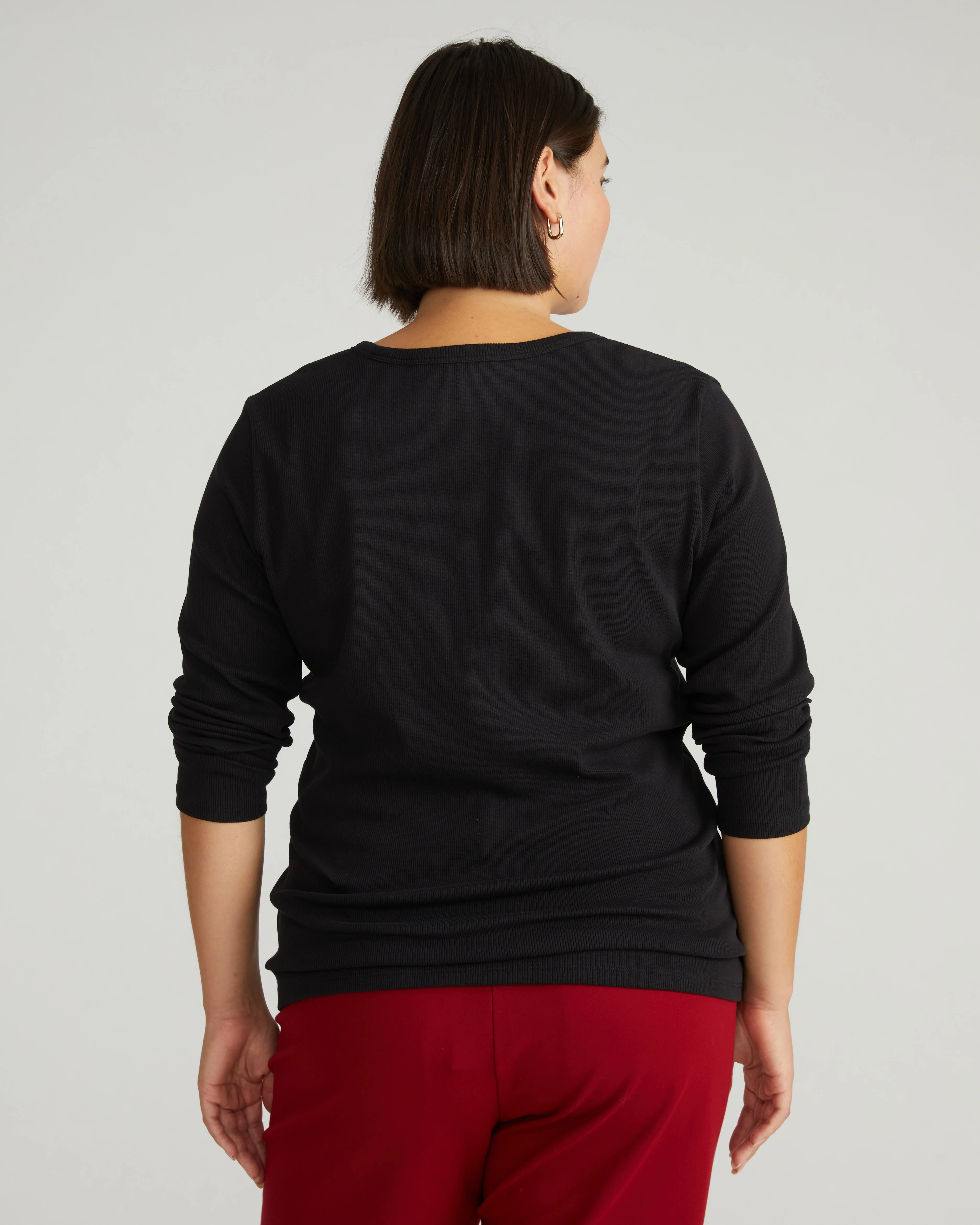 Henley Long Sleeve Ribbed Tee - Black - Image 3