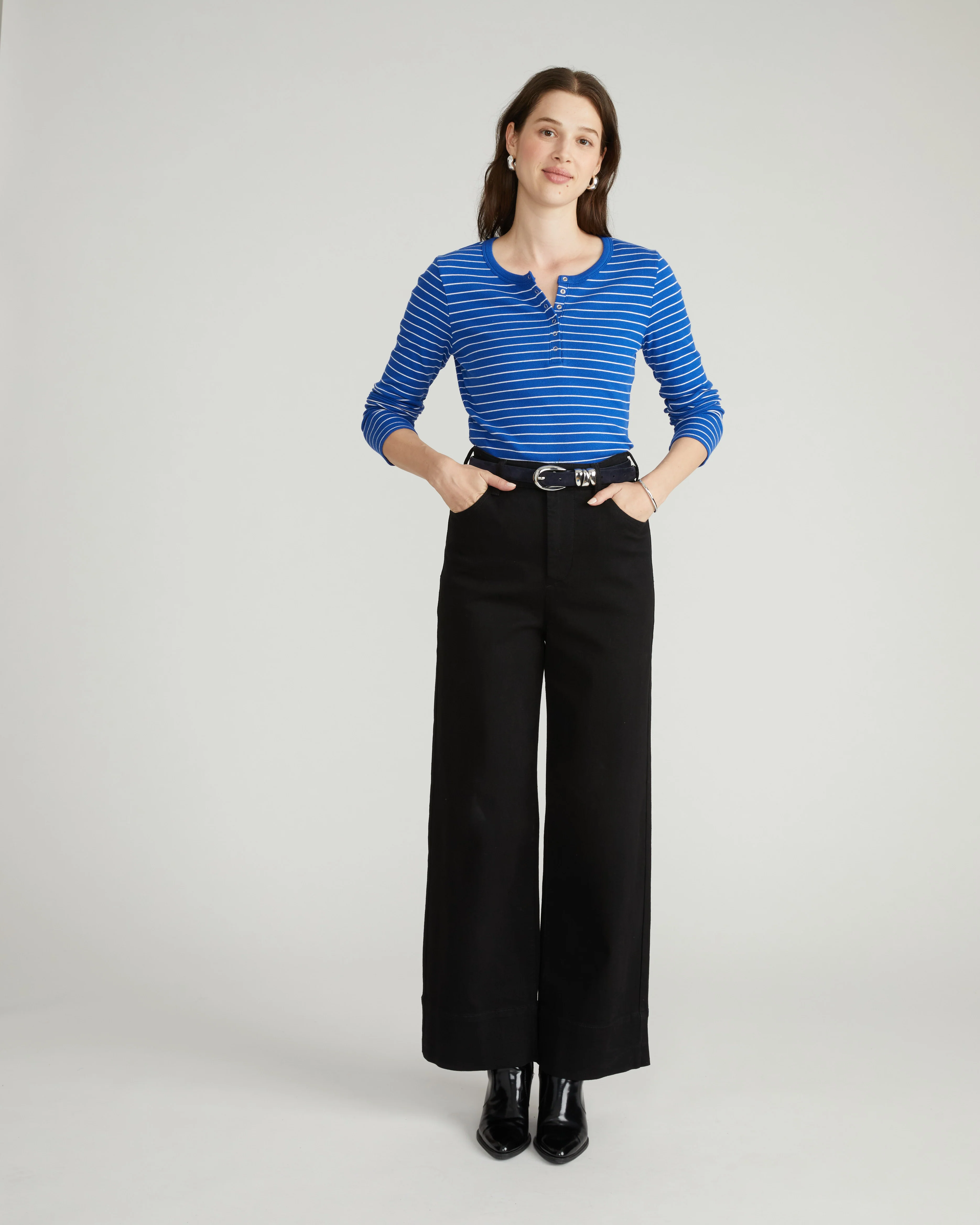 Henley Long Sleeve Ribbed Tee - Bright Blue/White Microstripe - Image 2