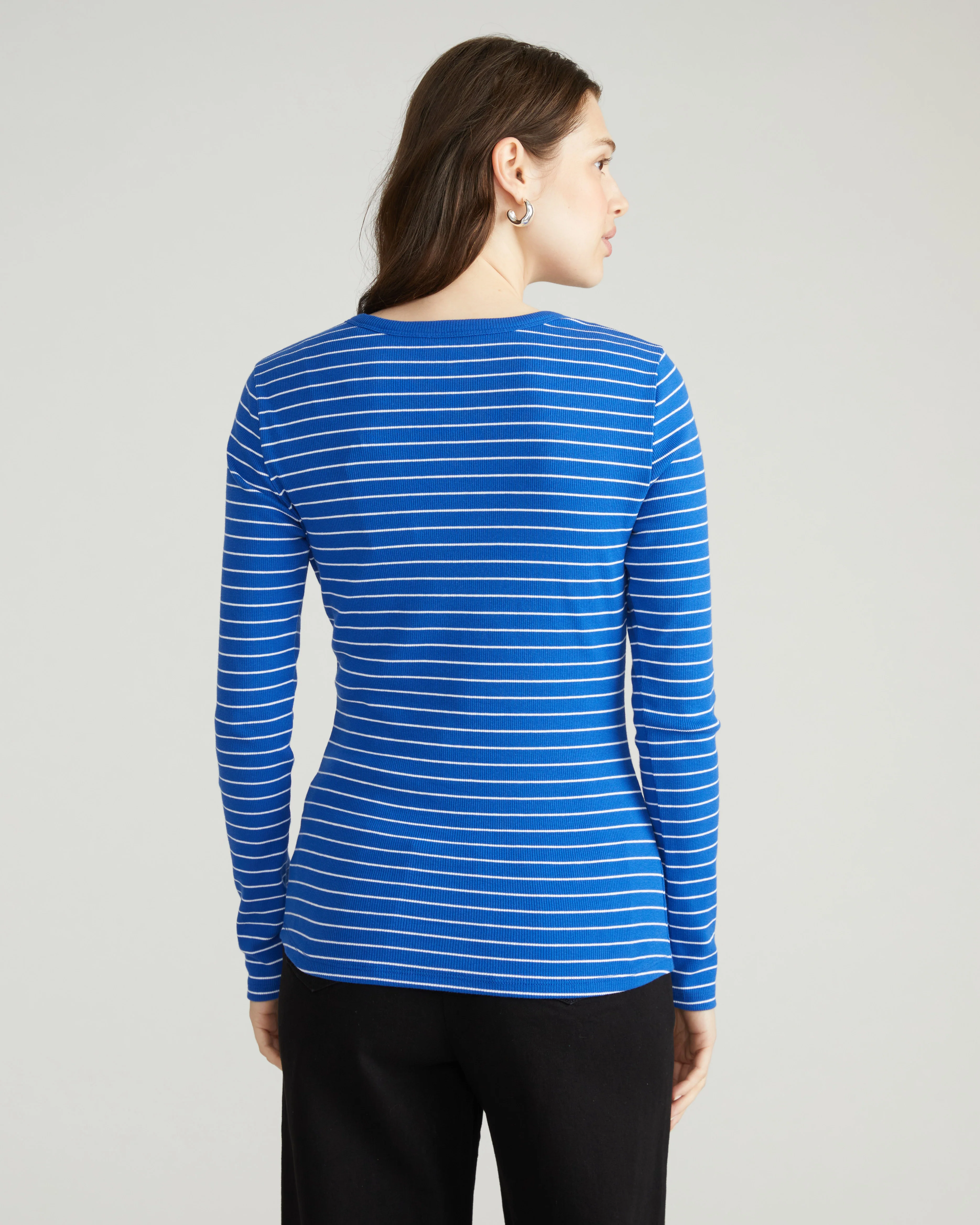 Henley Long Sleeve Ribbed Tee - Bright Blue/White Microstripe - Image 4