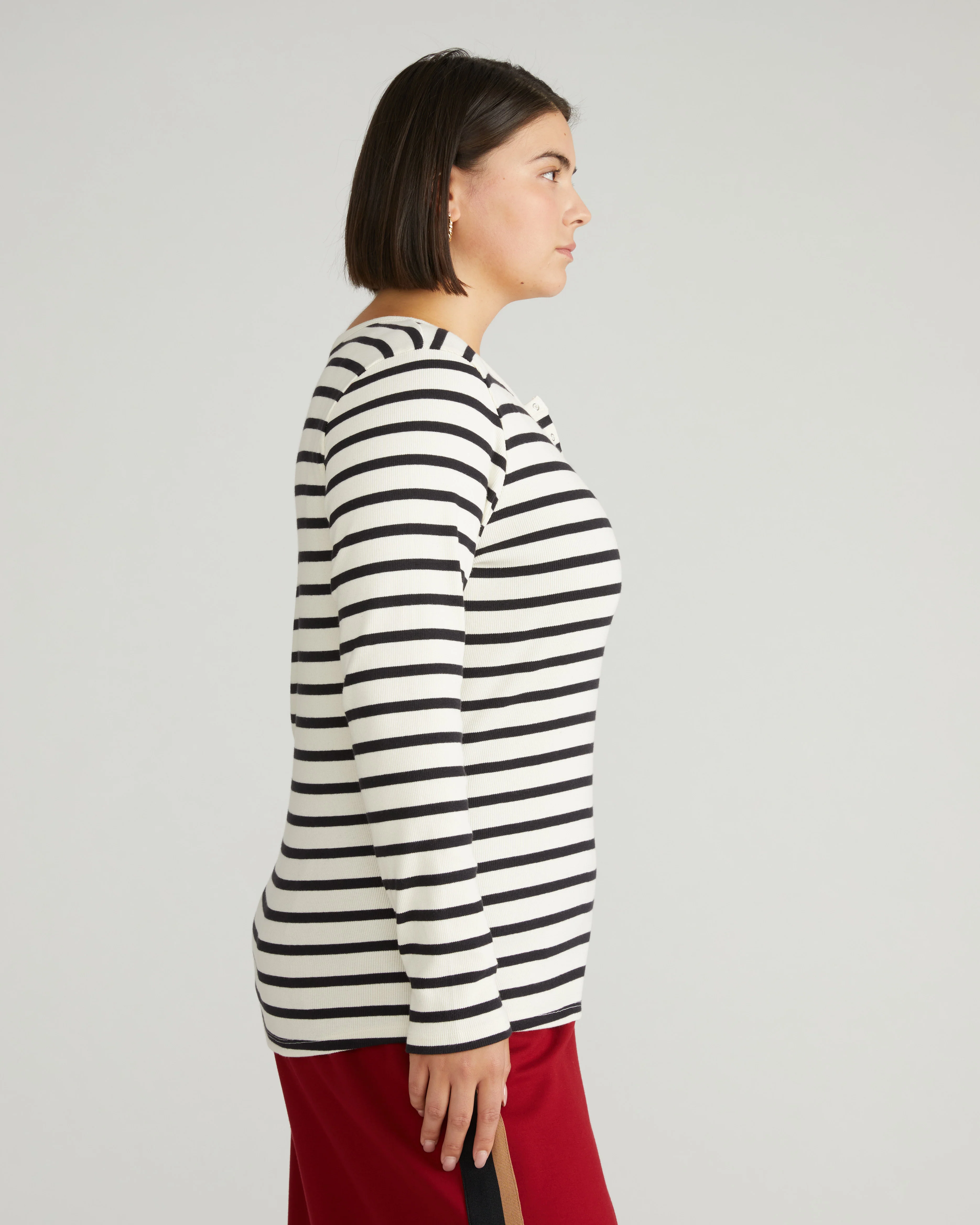 Henley Long Sleeve Ribbed Tee - Ecru/Black Stripe - Image 4